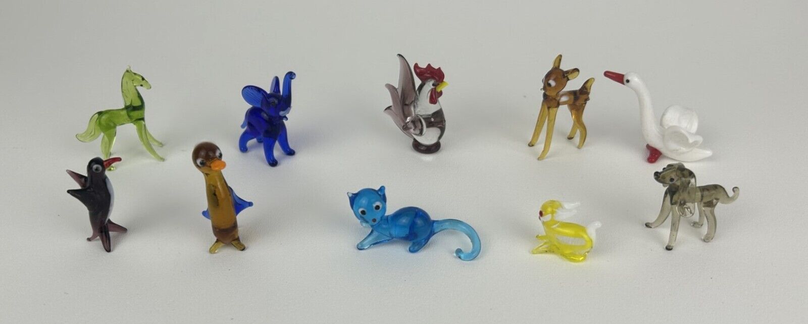 Vintage Lot 10 Assorted Miniature Hand Blown Colored Glass Animal Figurines