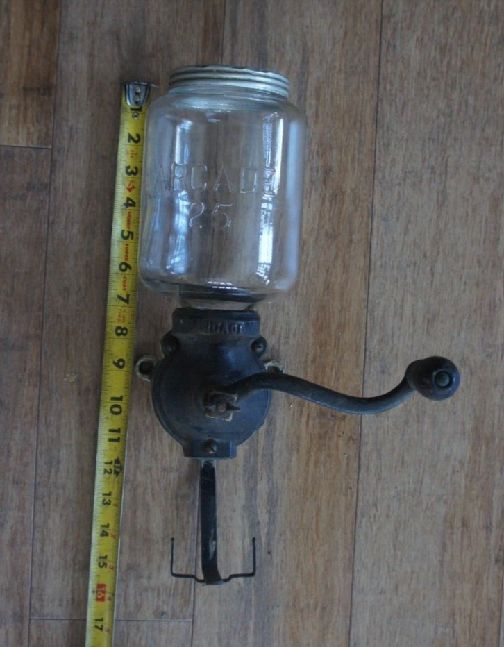 Antique Arcade Crystal 25 Wall Mounted Coffee Grinder Mill - Glass Jar Cast Iron