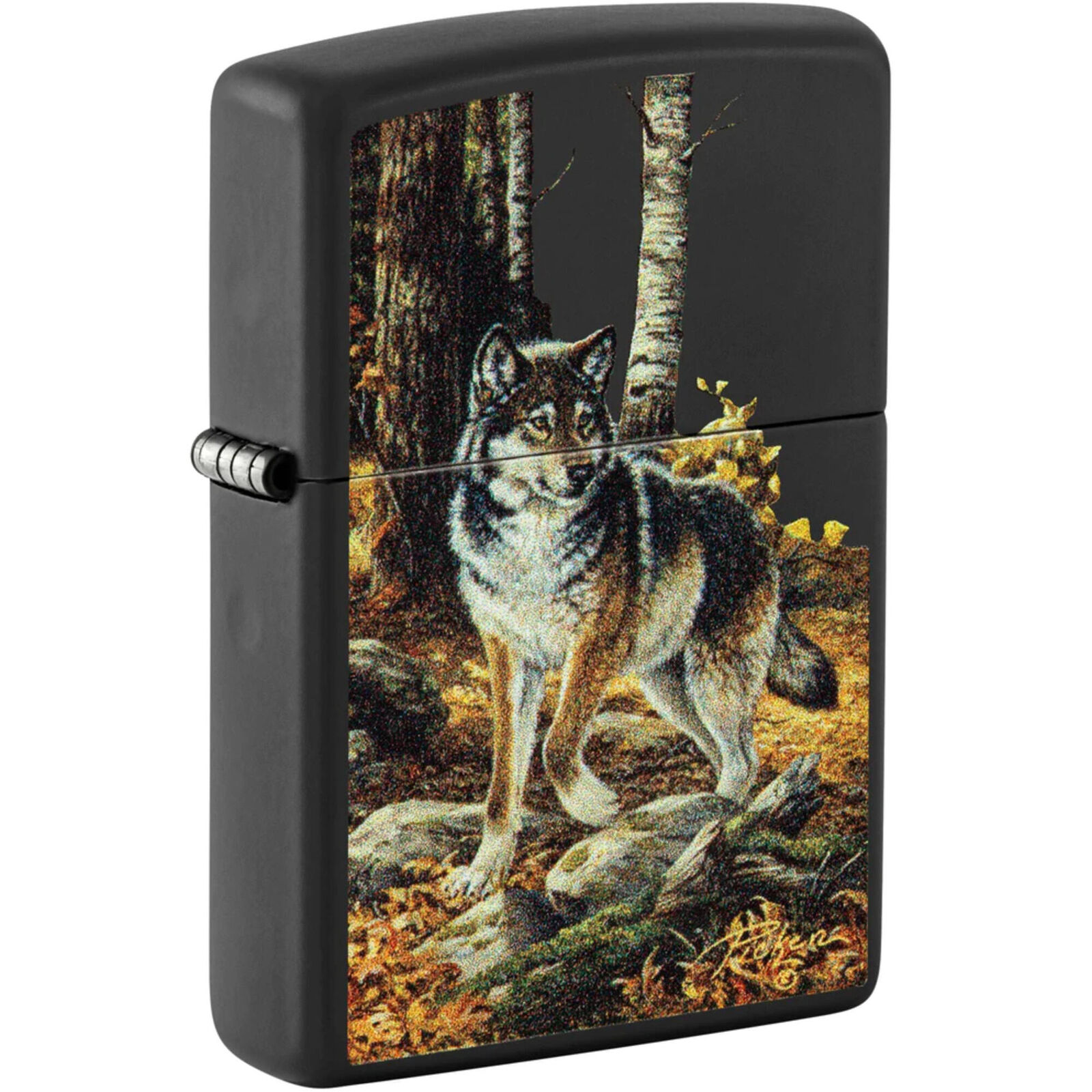 Zippo Windproof Lighter Linda Picken Wolf in Fall Woods Design Black Matte 48970