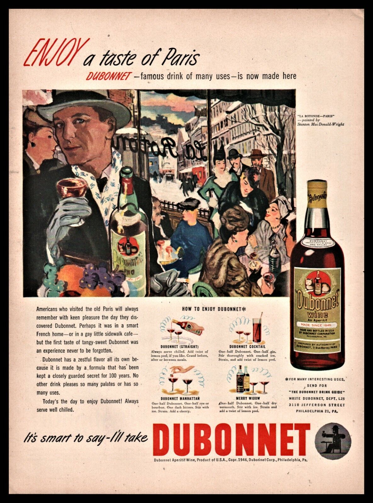 1946 WINE 2 AD LOT Dubonnet La Rotonde Paris and Garrett\'s Virginia Dare