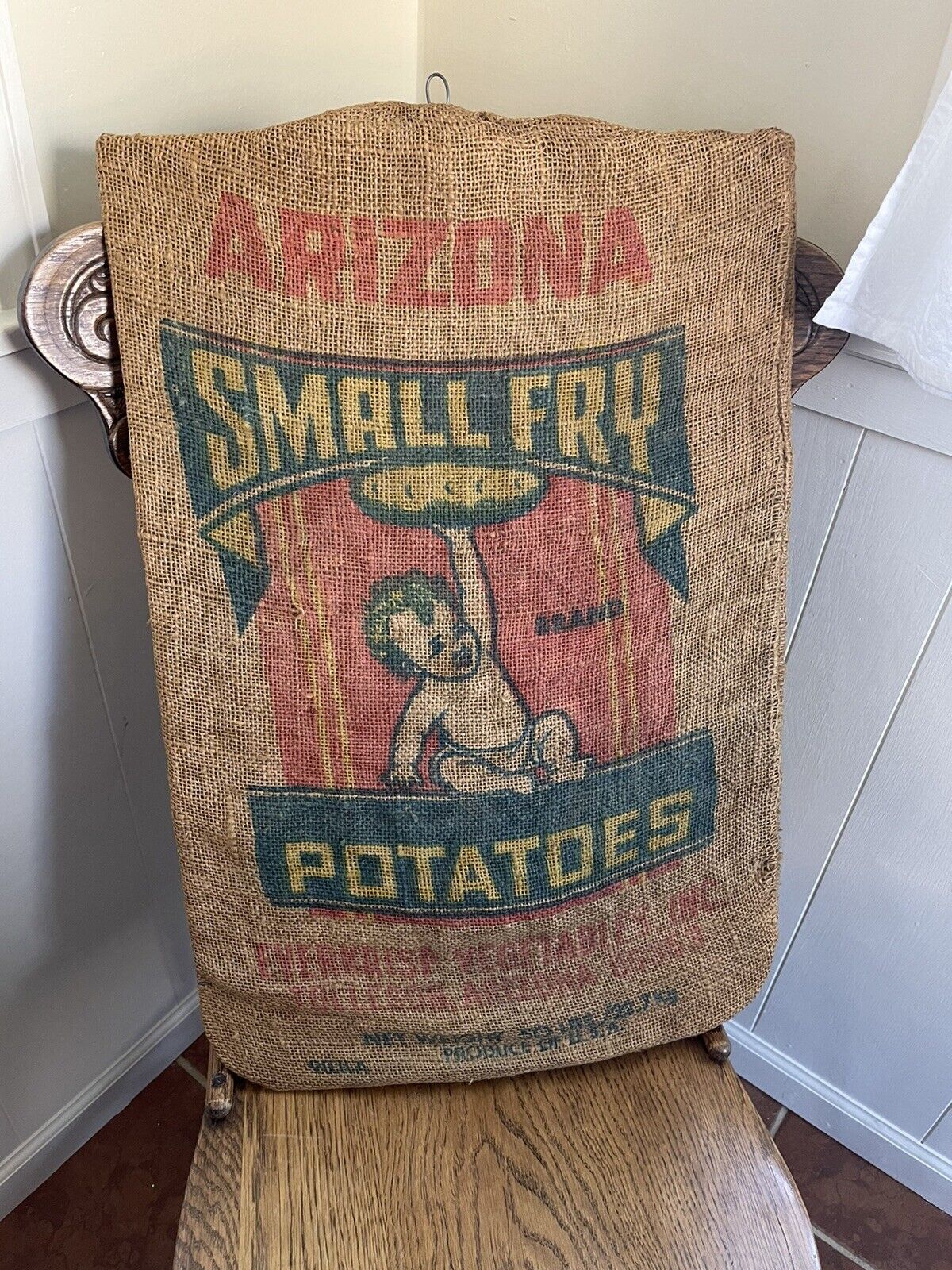 Vintage Advertising Burlap Bag Small Fry Potatoes Arizona Wasco Peters & Sons