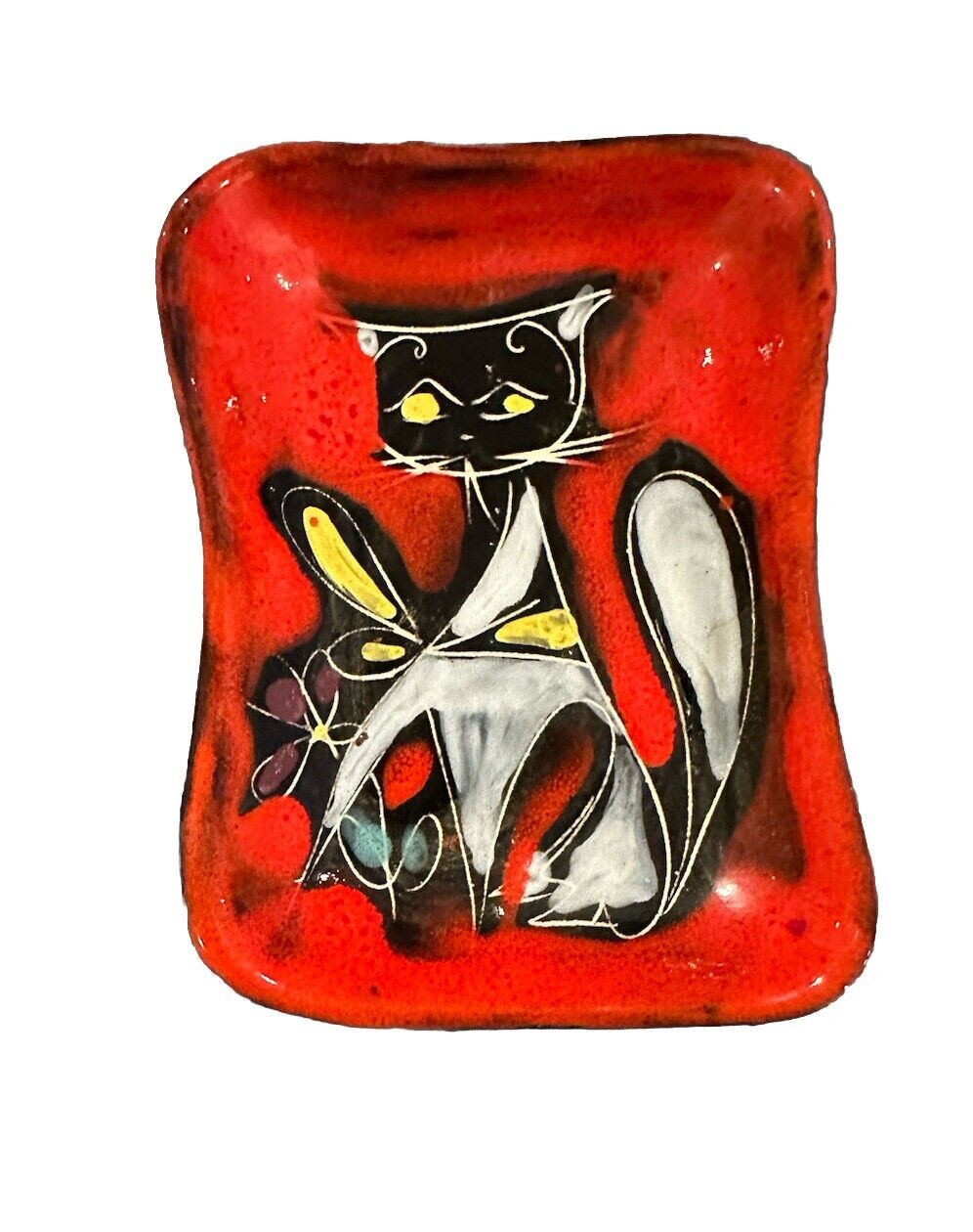 Vintage MCM Italian Ceramic Or Enamel Retro Italy Black Cat Trinket Tray Fine