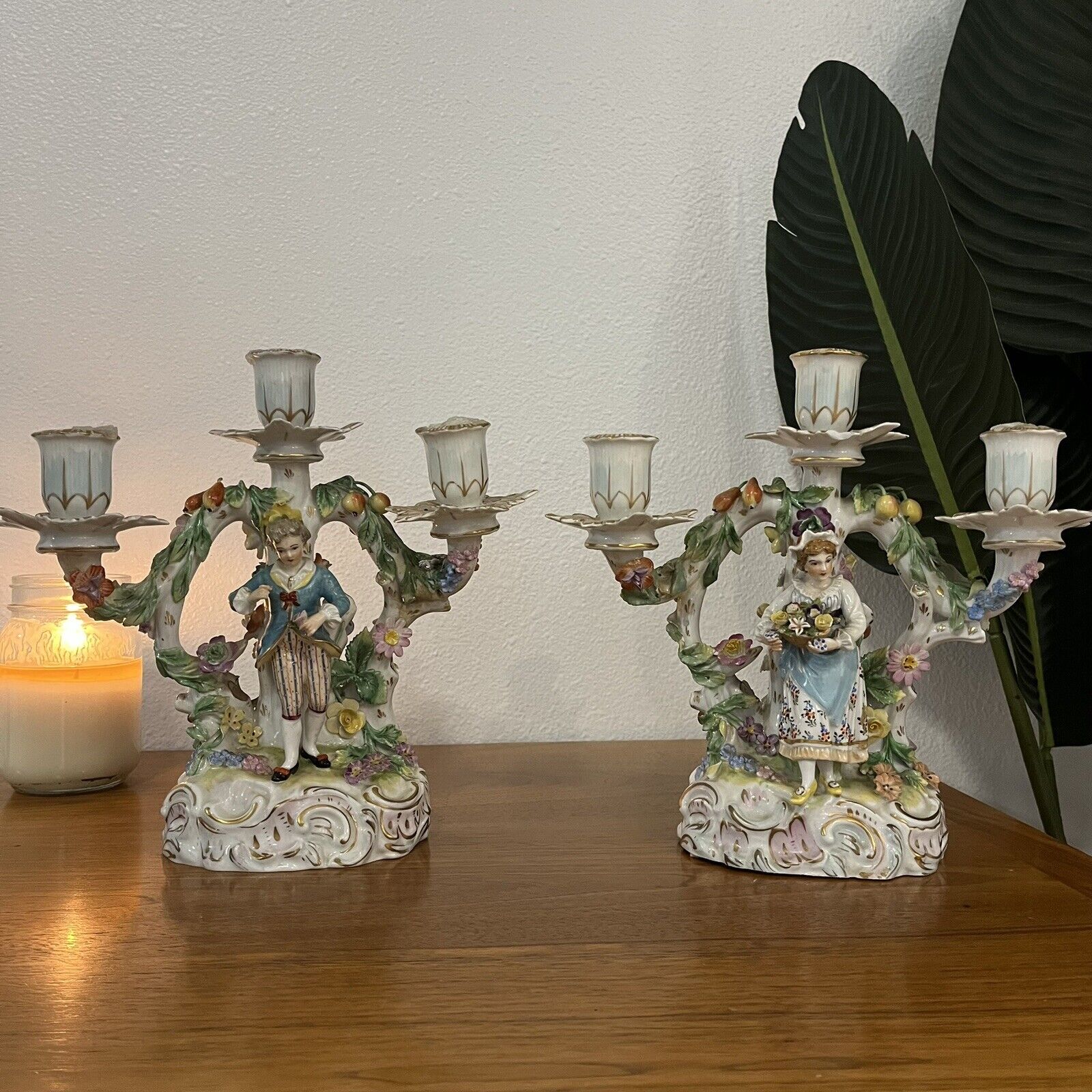 Antique German Dresden Porcelain Pair Man And Woman Candlestick Holder