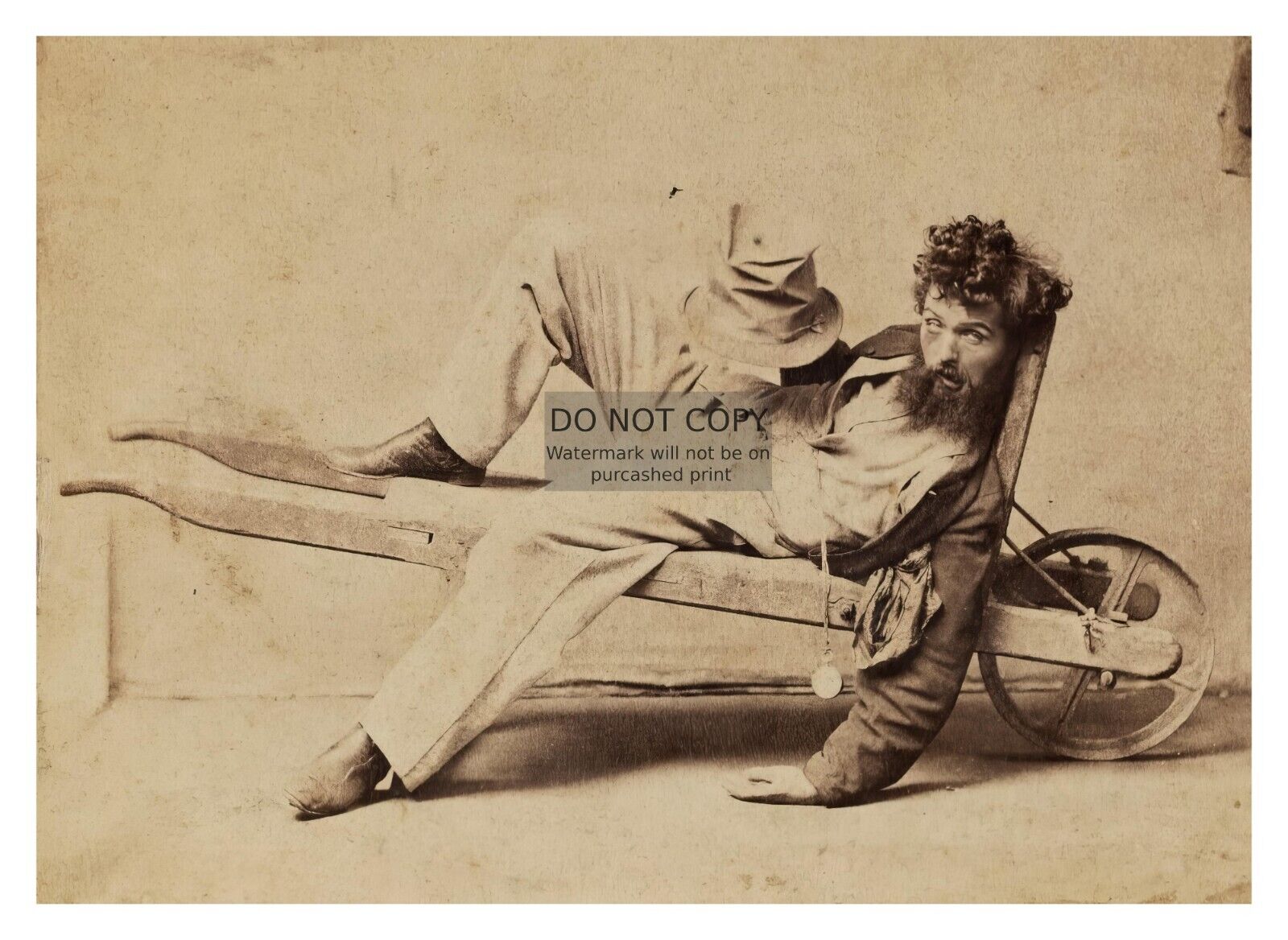 DRUNK MAN LAYING PASSED OUT IN WHEELBARROW VINTAGE 1800s 5X7 PHOTO