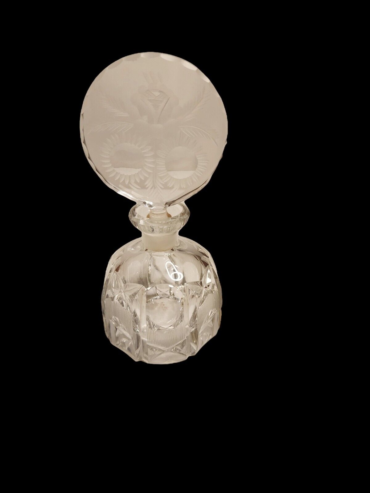 Vintage Cut Crystal Glass Perfume Bottle Etched Engraved Stopper