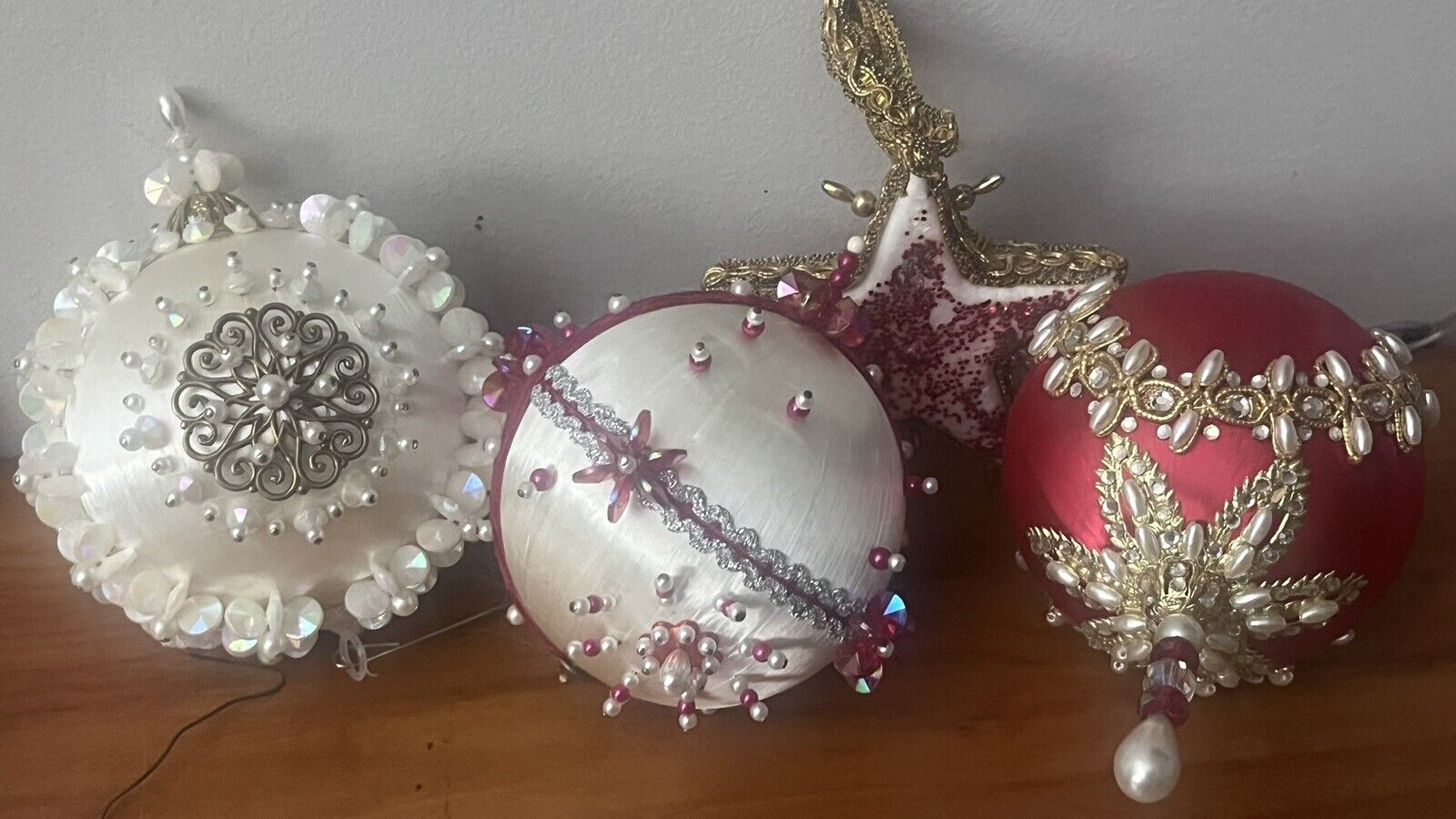 Vintage Christmas Beaded Sequin And  Push Pin Ornaments   4 Pcs