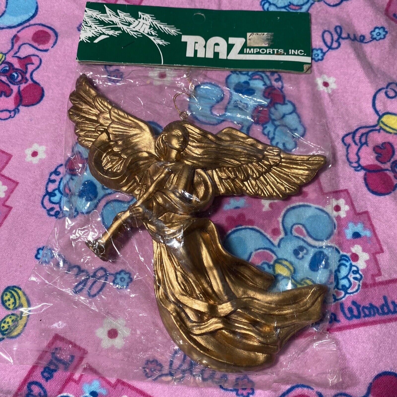 Vintage 1980s Raz Imports Gold Golden Angel Horn Ornament New NIP