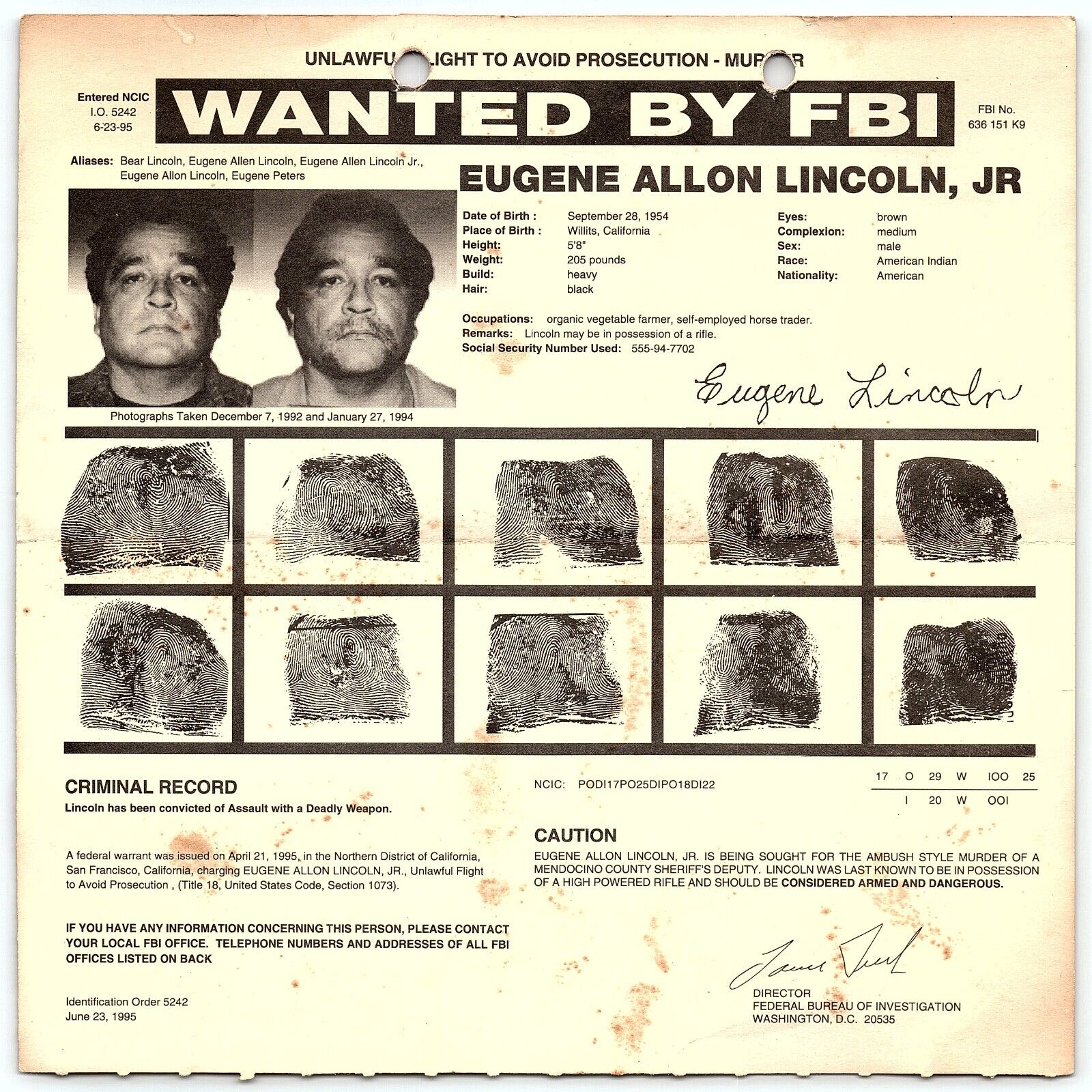 1995 FBI WANTED POSTER EUGENE ALLON LINCOLN JR AMBUSH MURDER CA DEPUTY   Z4977