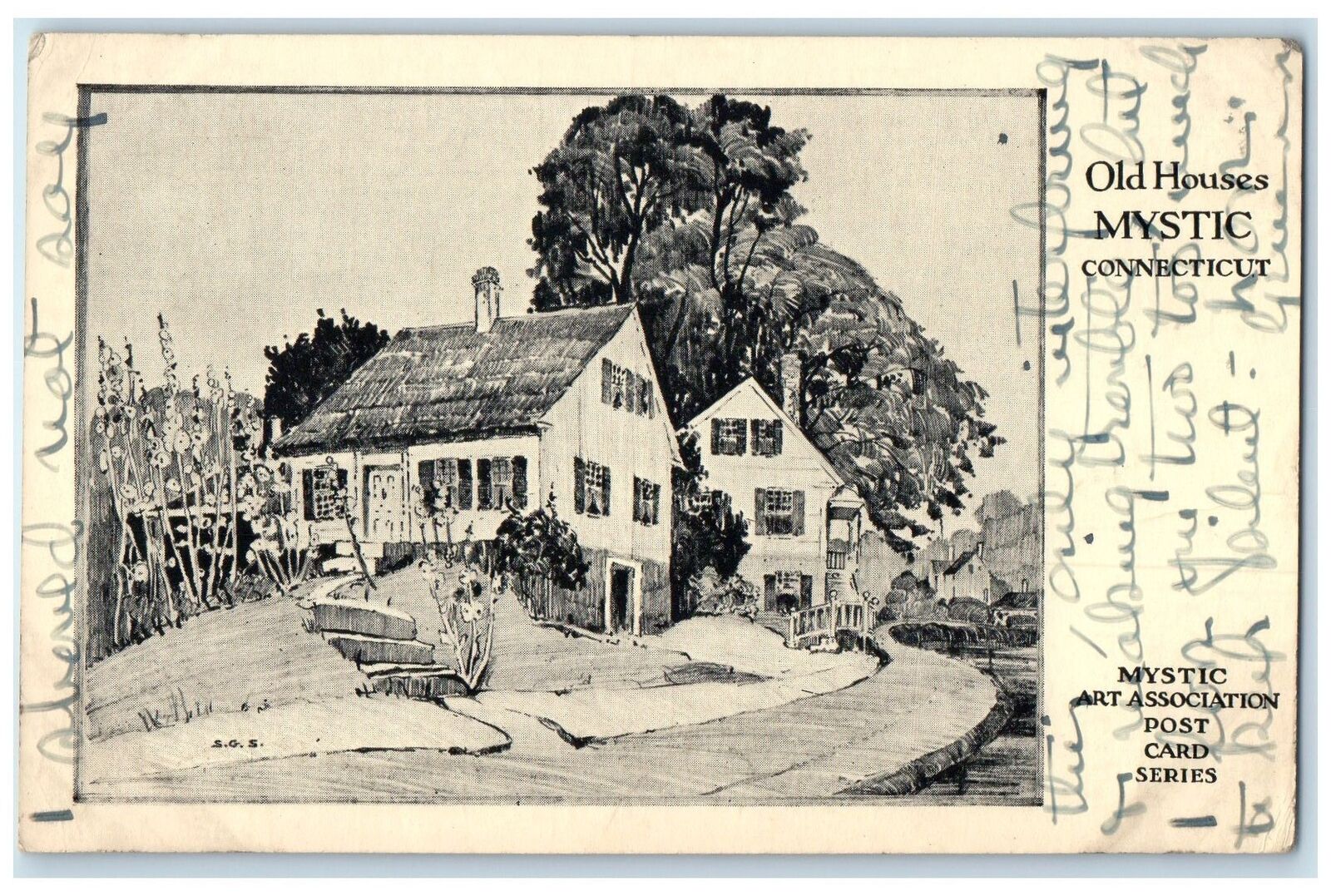 c1910's Old Houses Exterior Sketches Mystic Connecticut CT Unposted Postcard