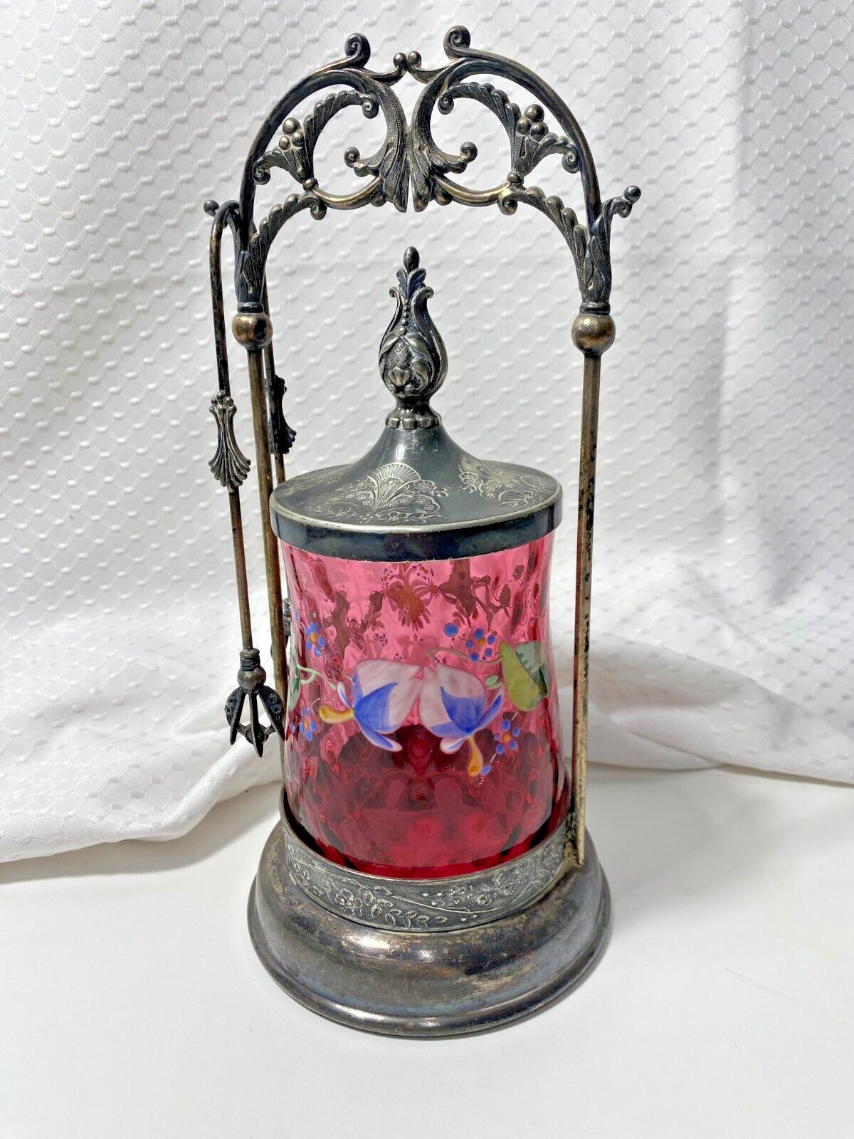Antique Victorian Pickle Castor Quilted Cranberry Glass Silverplate No Marks