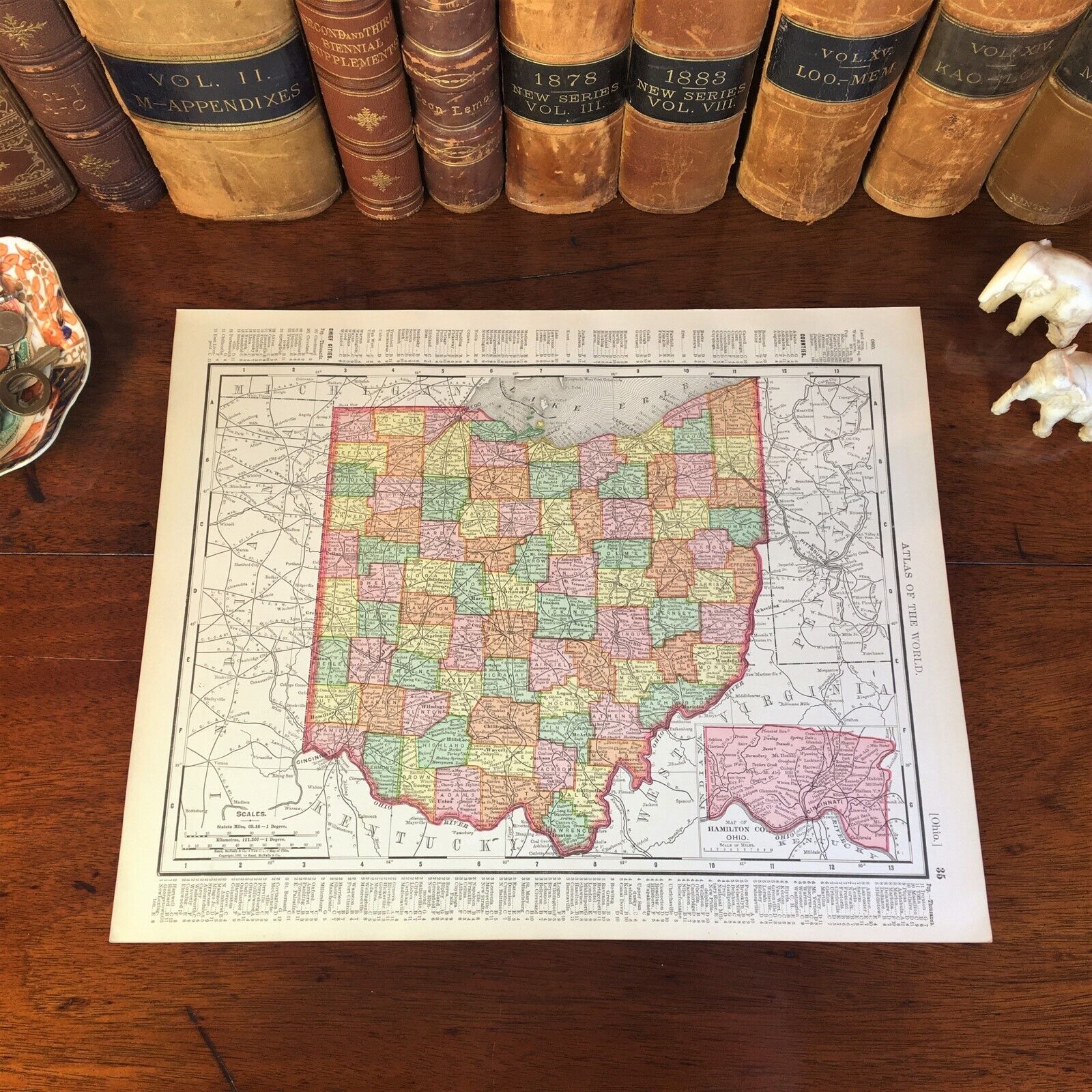 Large Original 1898 Antique Map OHIO Columbus Toledo Akron Dayton Parma Hamilton