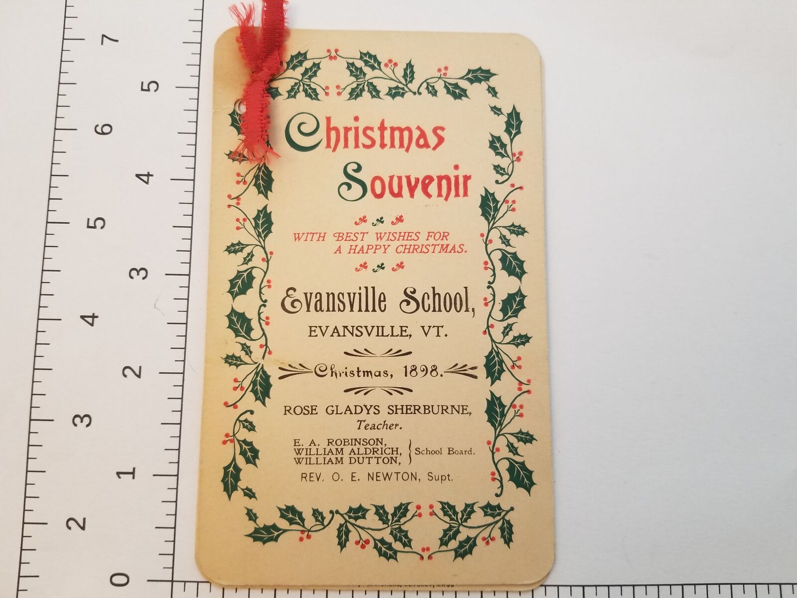 1898 Evansville School Evansville Vermont Christmas Souvenir Pupil Card EUC