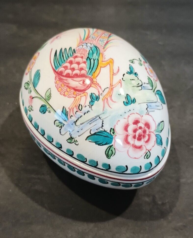 Egg Shaped Trinket Box Anfora Agueda Porcelain Hand Painted Bird Ferreira