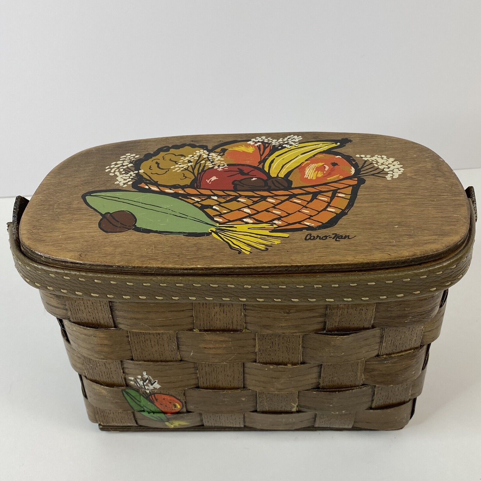 Handmade Wooden Basket with Handle & Lining Hand Painted Artist Signed 6.5” Tall
