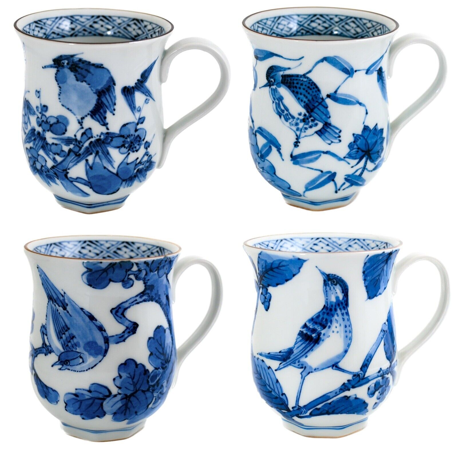Set of 4 VTG Japanese Mug Cup Blue & White Bird on the Tree Porcelain Seto ware