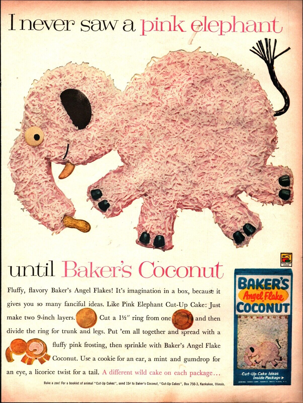 Baker\'s Angel Flake Coconut Ad 1961 Pink Elephant Cake Vintage Magazine Print c3