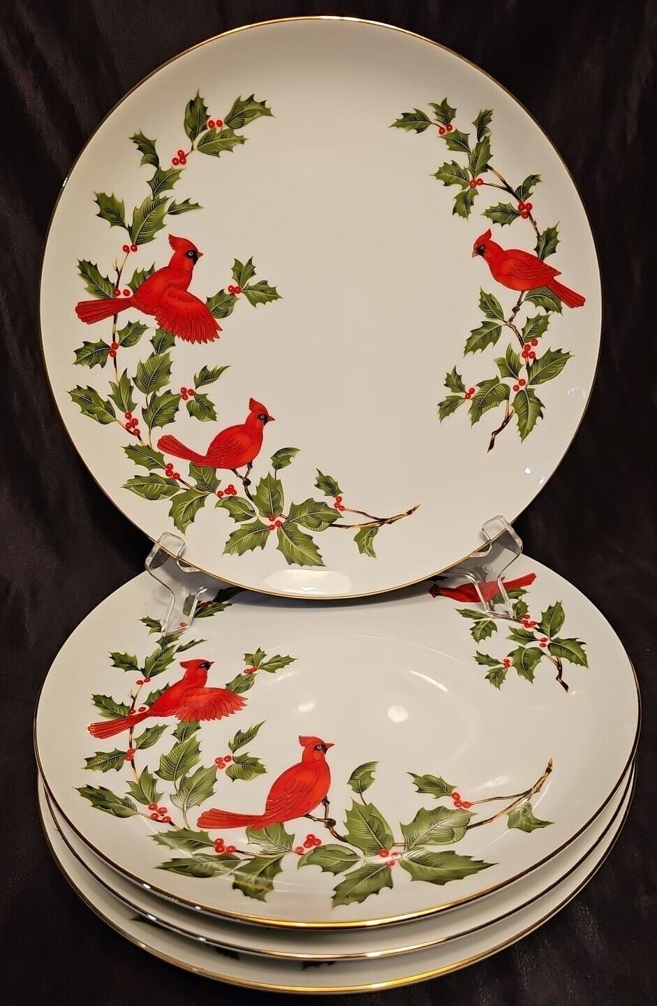 4 Lefton CARDINALS HOLLY BERRY Dinner Plate 10.25\