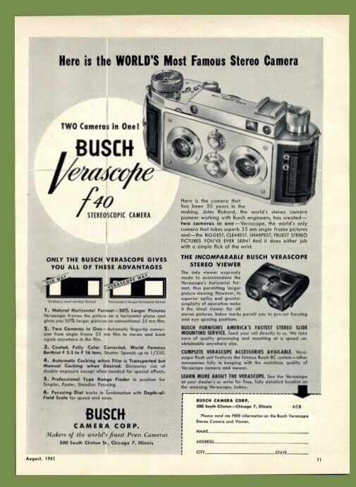 Busch Verascope F40 Stereo Camera & Automatic Rolleiflex 1951 Vintage Print Ad