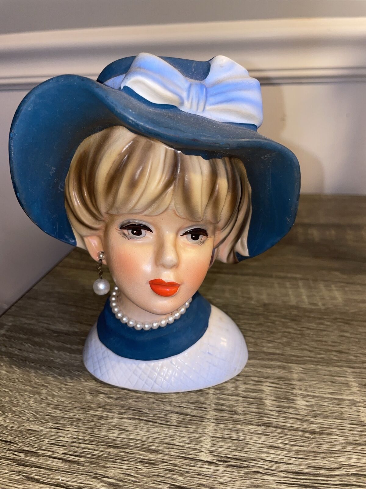 Vintage NAPCOWARE C7494 LADY HEAD VASE PLANTER BLUE WITH PEARLS WOMAN BUST