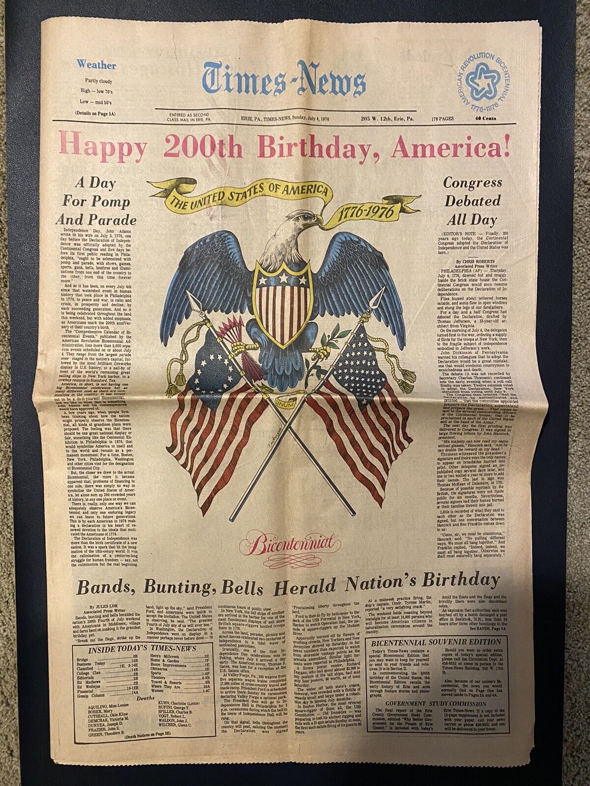 Vintage Newspaper Happy 200th Birthday America Erie PA July 4 1976 Vintage