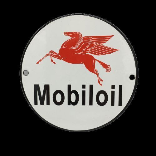 Vintage Mobil Oil Pegasus White Black Metal Enamel Gas Station Deco Sign 6 inch
