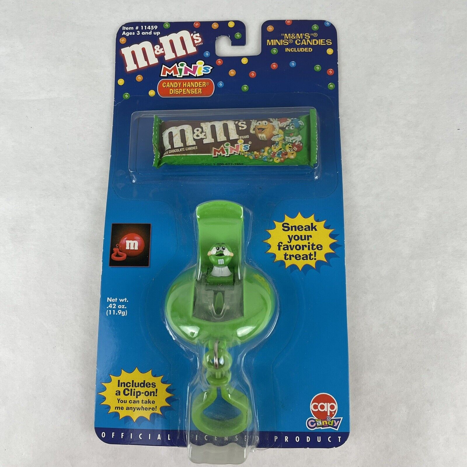 M&M\'s Minis Candy Hander Dispenser Clip-On Cap Candy Vintage 2002 GreenNew