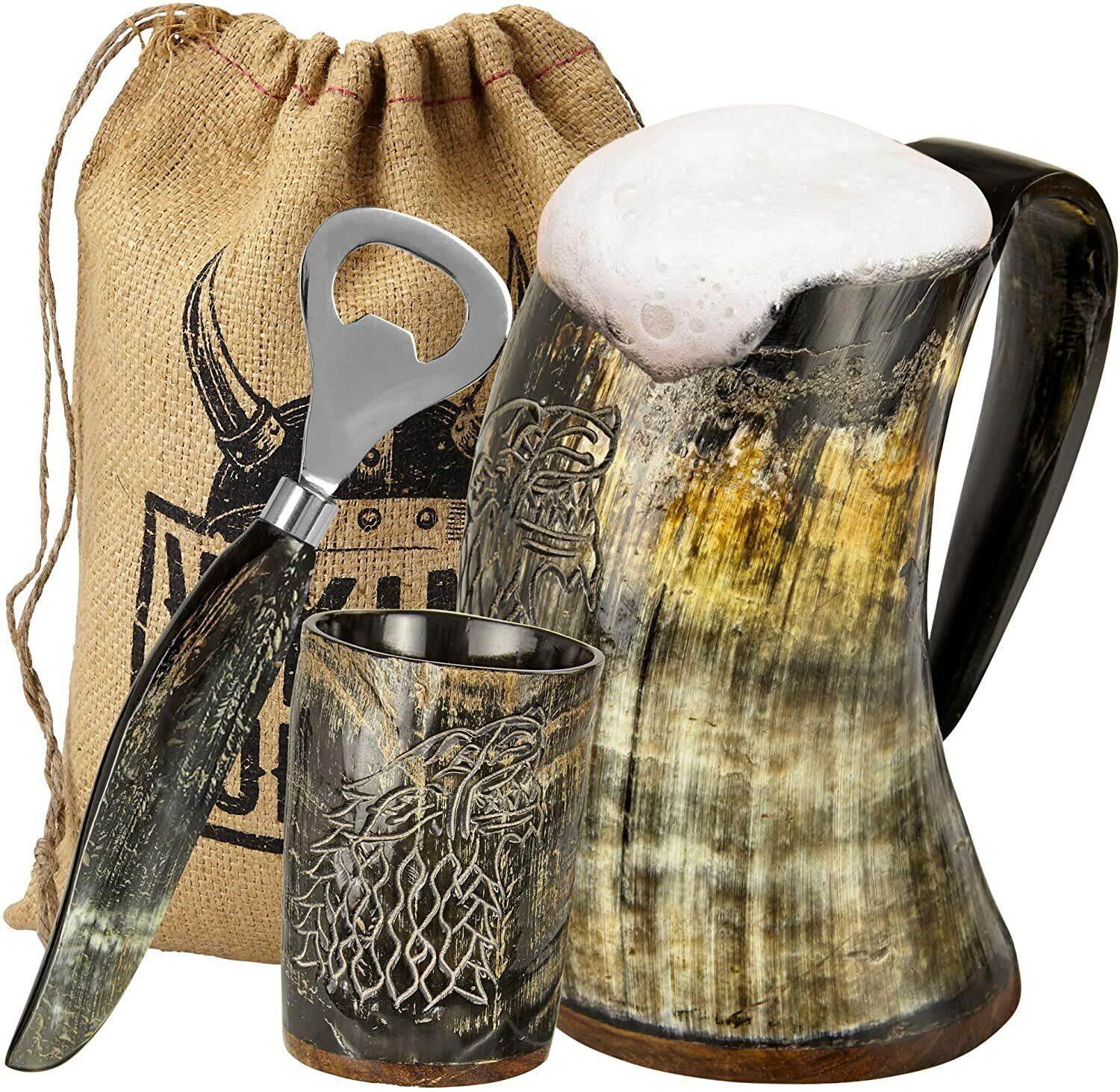 Viking Culture Ox Horn Mug, Shot Glass,and Bottle Opener (3 Pc. Set) \
