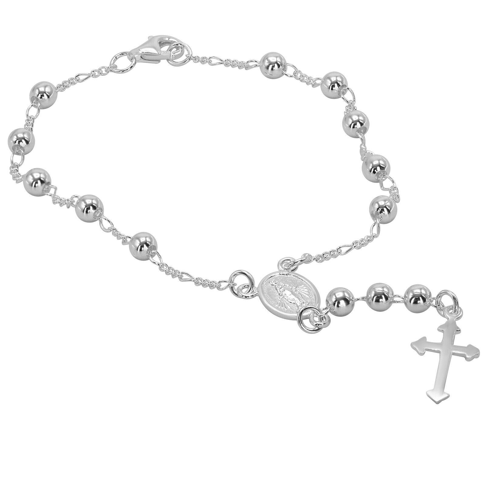 925 Solid Pure Sterling Silver Rosary Cross Virgin Mary Prayer Bracelet 7 Inches