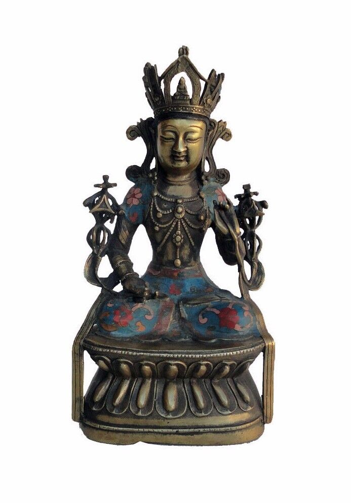 Tibet Cloisonne Brass Sitting Tara Bodhisattva Statue On Lotus Base wk2680