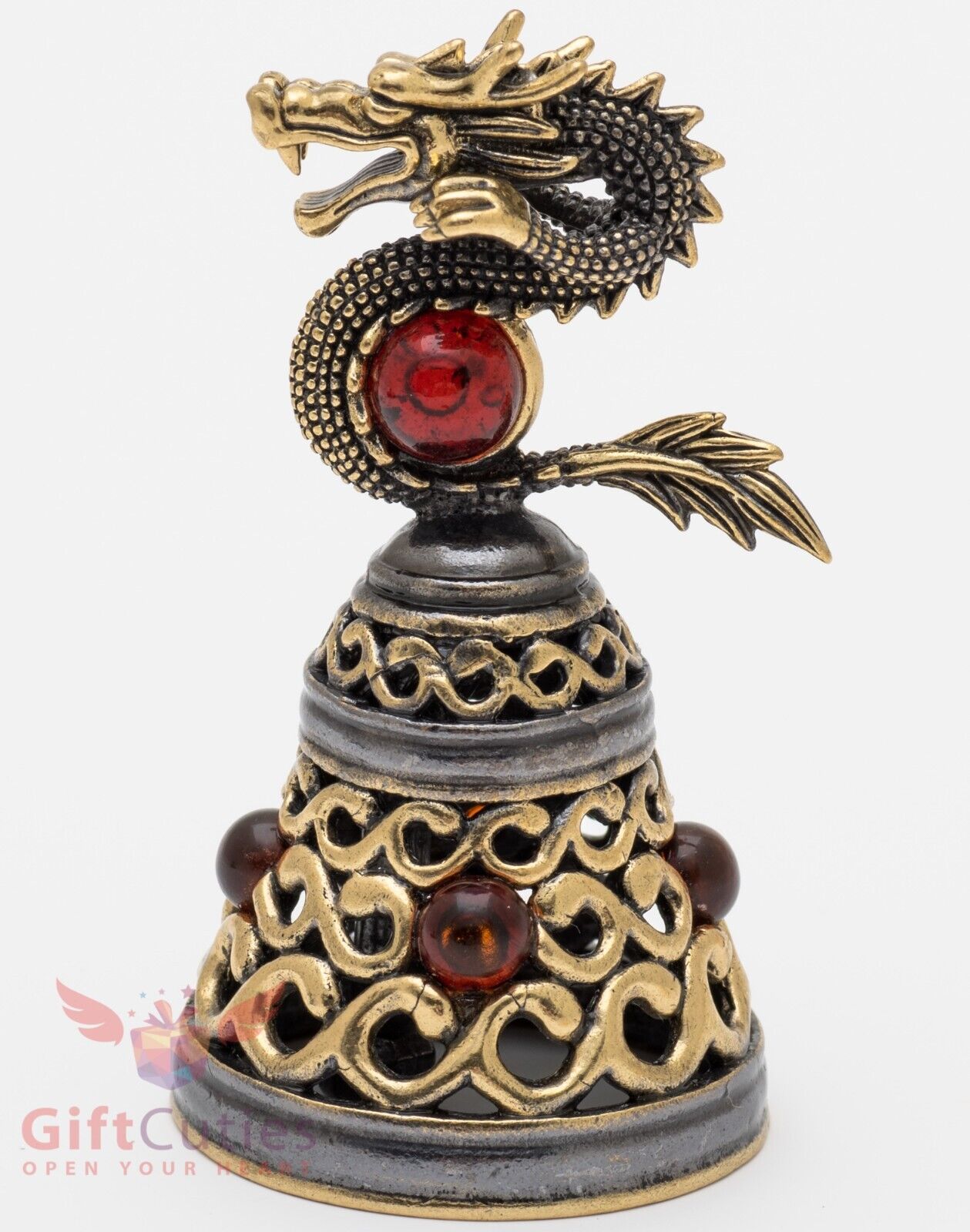 Brass Amber Figurine Bell with the Chinese Dragon on top IronWork