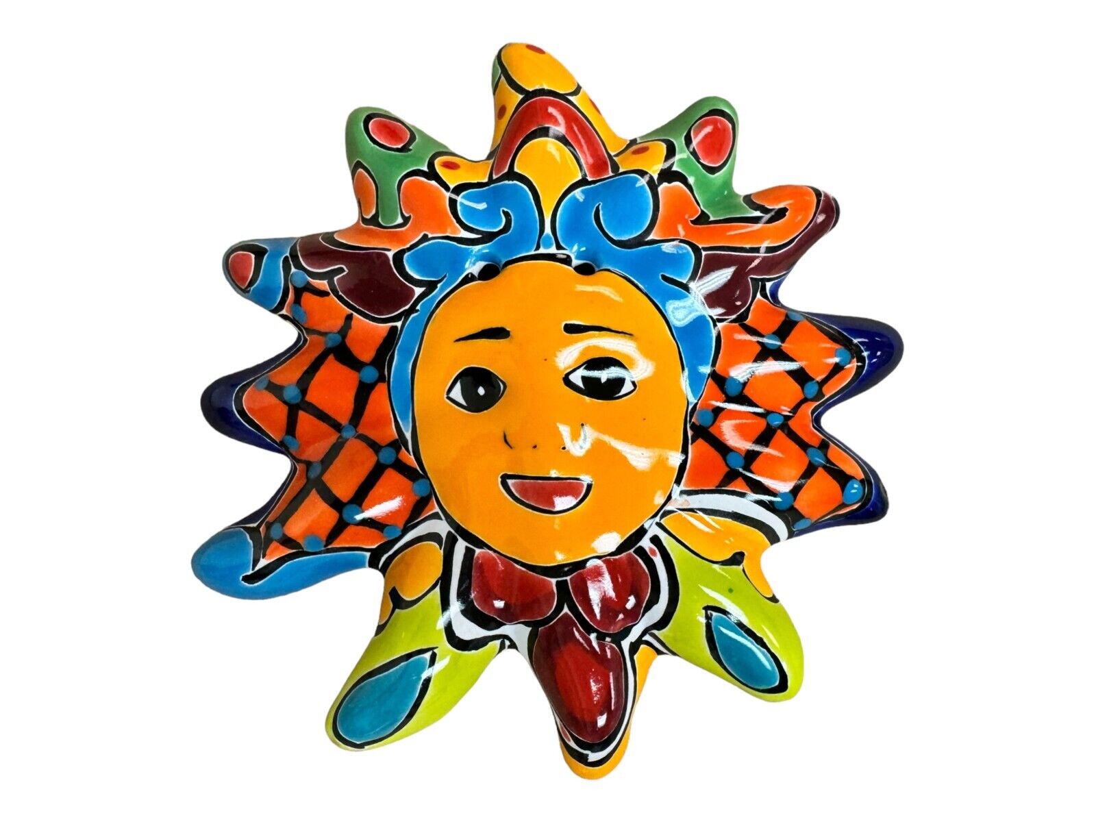 Talavera Sun Face Folk Art Mexican Pottery Hand Painted Home Decor 7.25