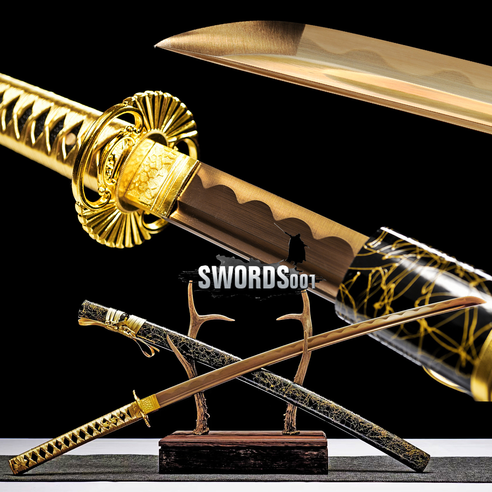 Gold Blade Japanese Warrior Sword Samurai Katana Carbon Steel Sharp FULL TANG