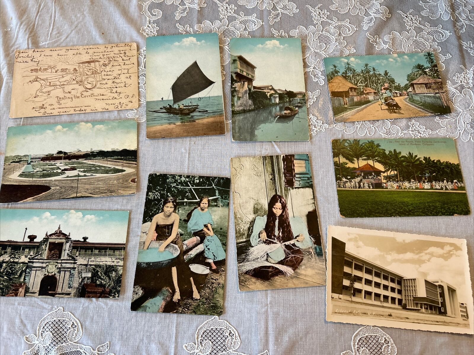 Lot 10 Philippines Postcards Outrigger Women Washing Weaving Barracks Caribou