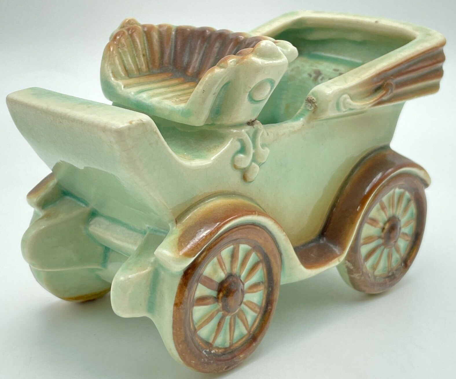 Vintage Ceramic Planter Baby Carriage Green Brown Tires 5.5\