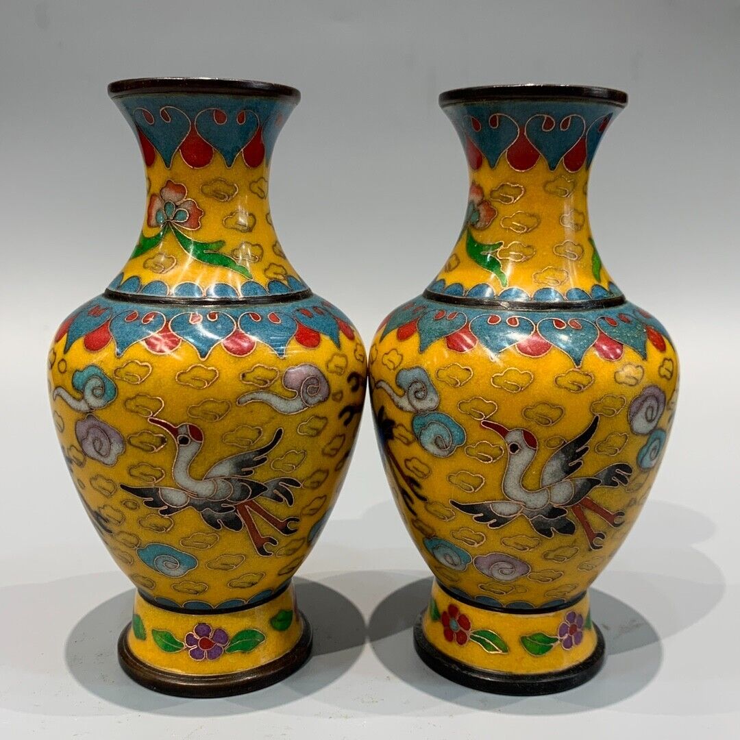 16cm fengshui Exquisite copper Cloisonne enamel cloud flower bottle pair vase