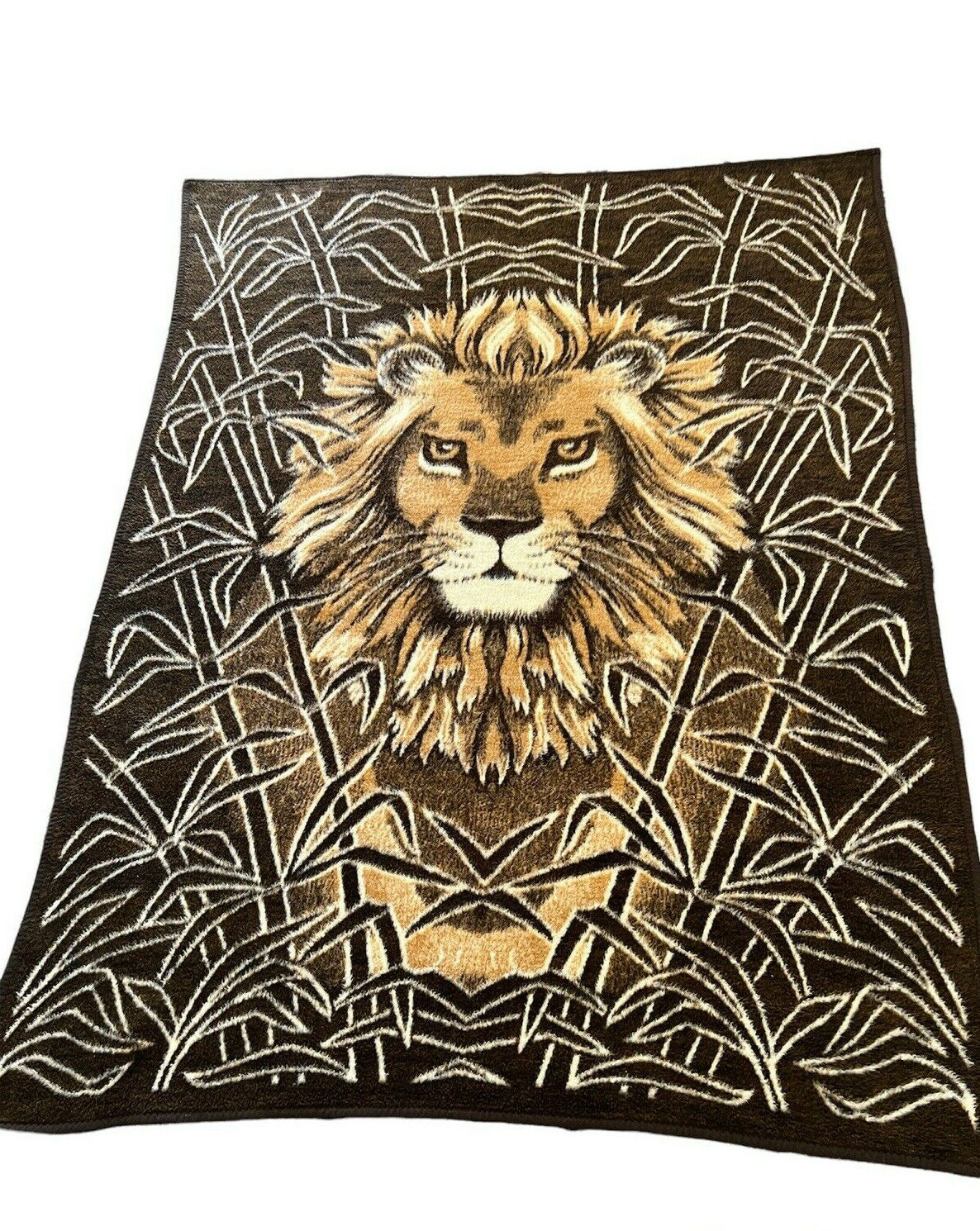 VTG Acrylic Velours Plush Blanket Lion Head Print Brown Beige USA 60 x76