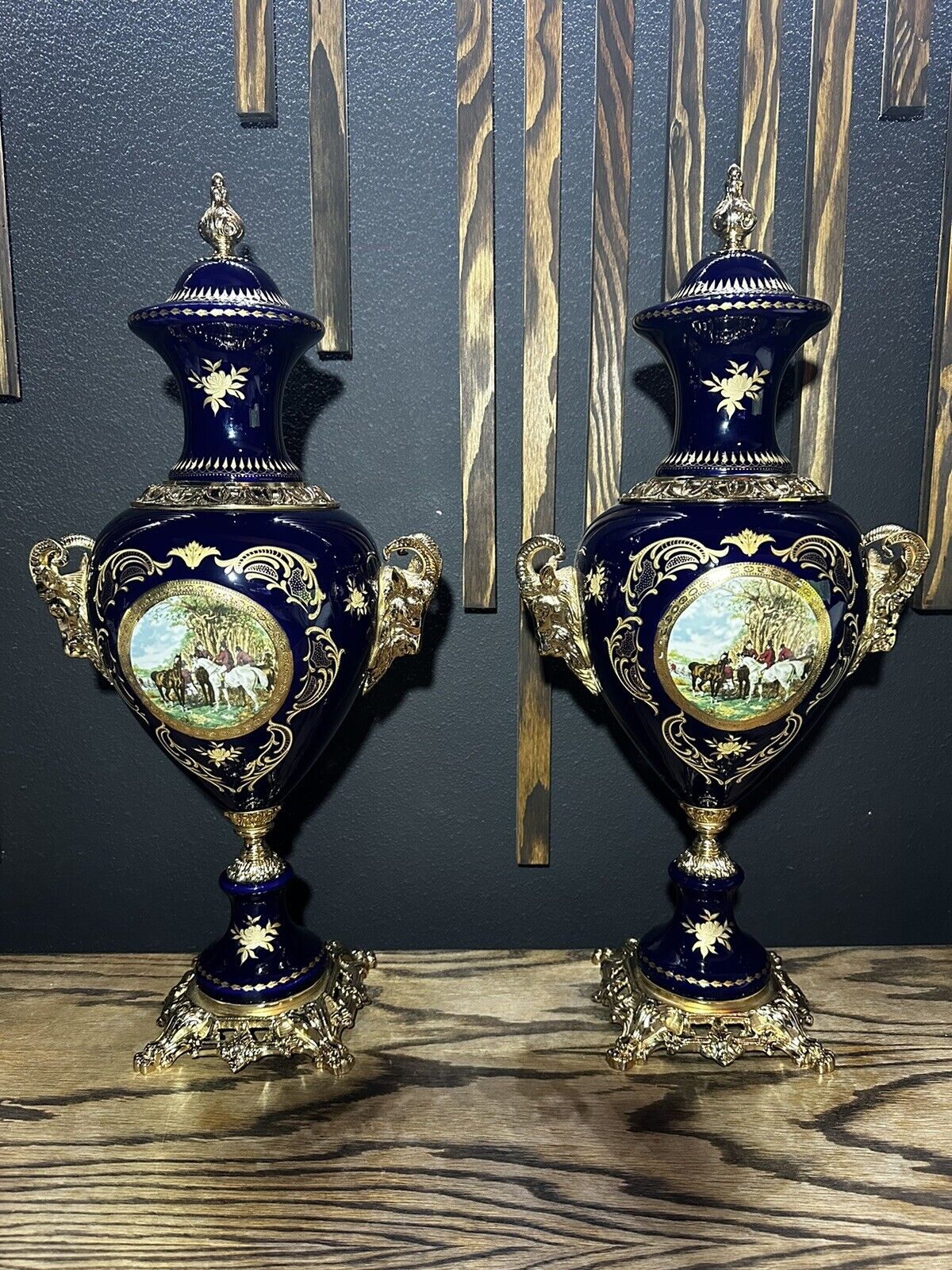 Pair of Cobalt Blue Sevres Style Urns 23” Tall With Brass Rams Head Ormolu