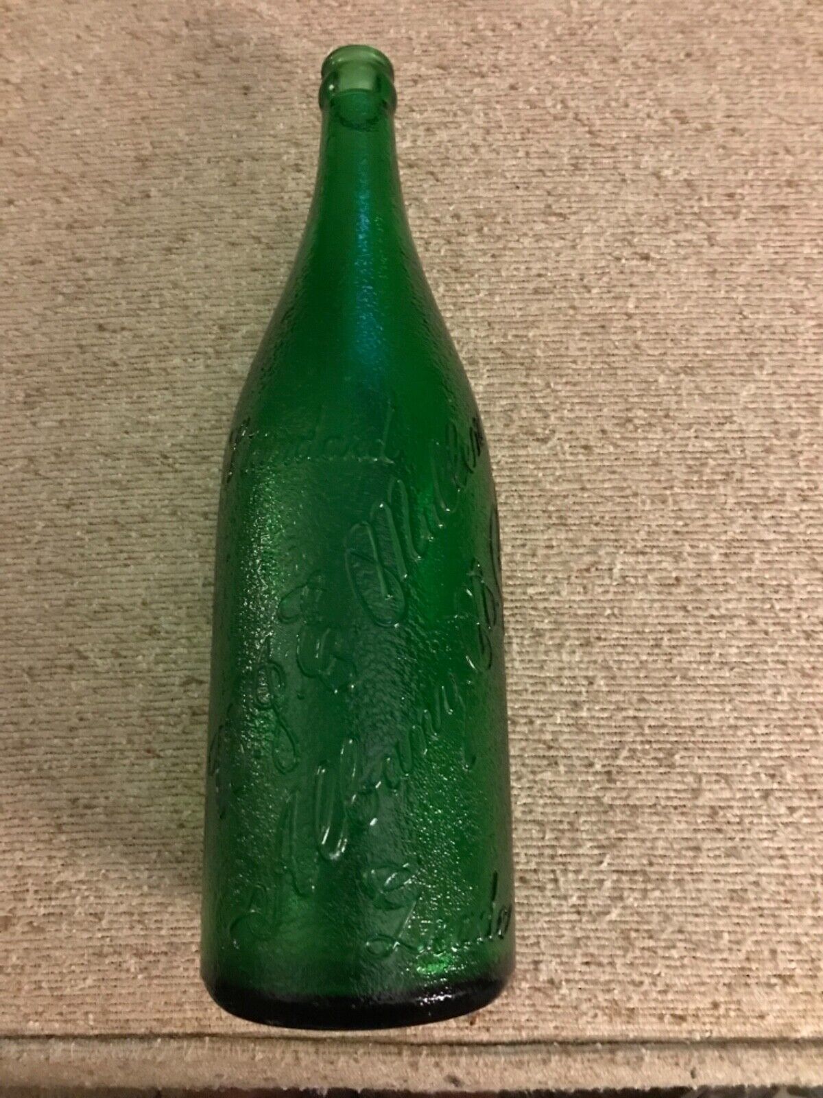 Antique Green Glass Textured Embossed Bottle- BJE Mullen Albany nY