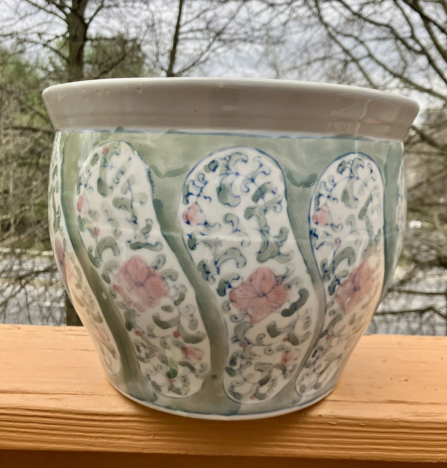 Vintage Pink Blue and Green Floral w/ Leaves Swirl Chinoiserie Planter Vase Pot