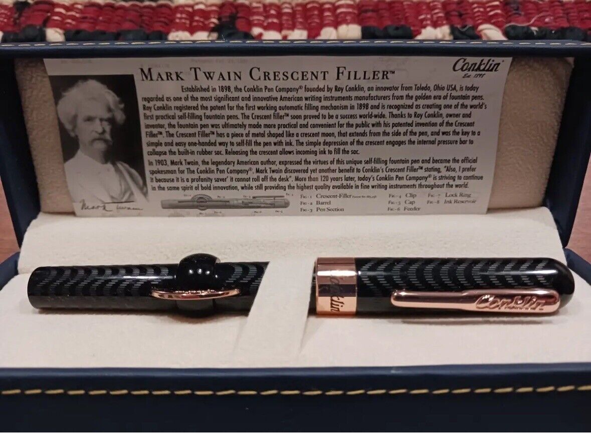 Conklin Mark Twain Crescent Fountain Pen With Rose Gold Trim, Fine Nib, Black