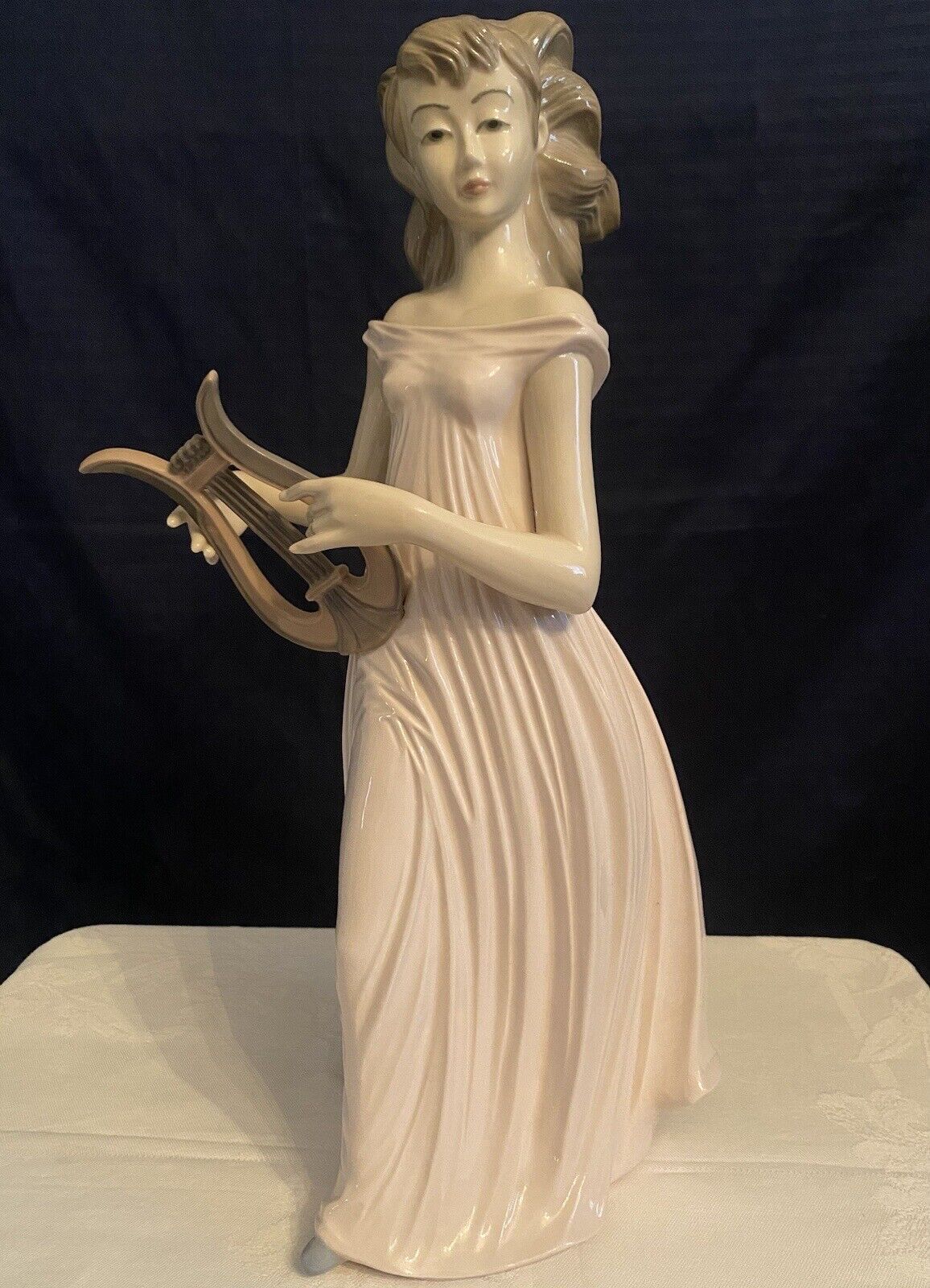 Vintage Tengra Porcelain Elegant Lady Figurine Pink Flowing Gown Harp 16” Spain