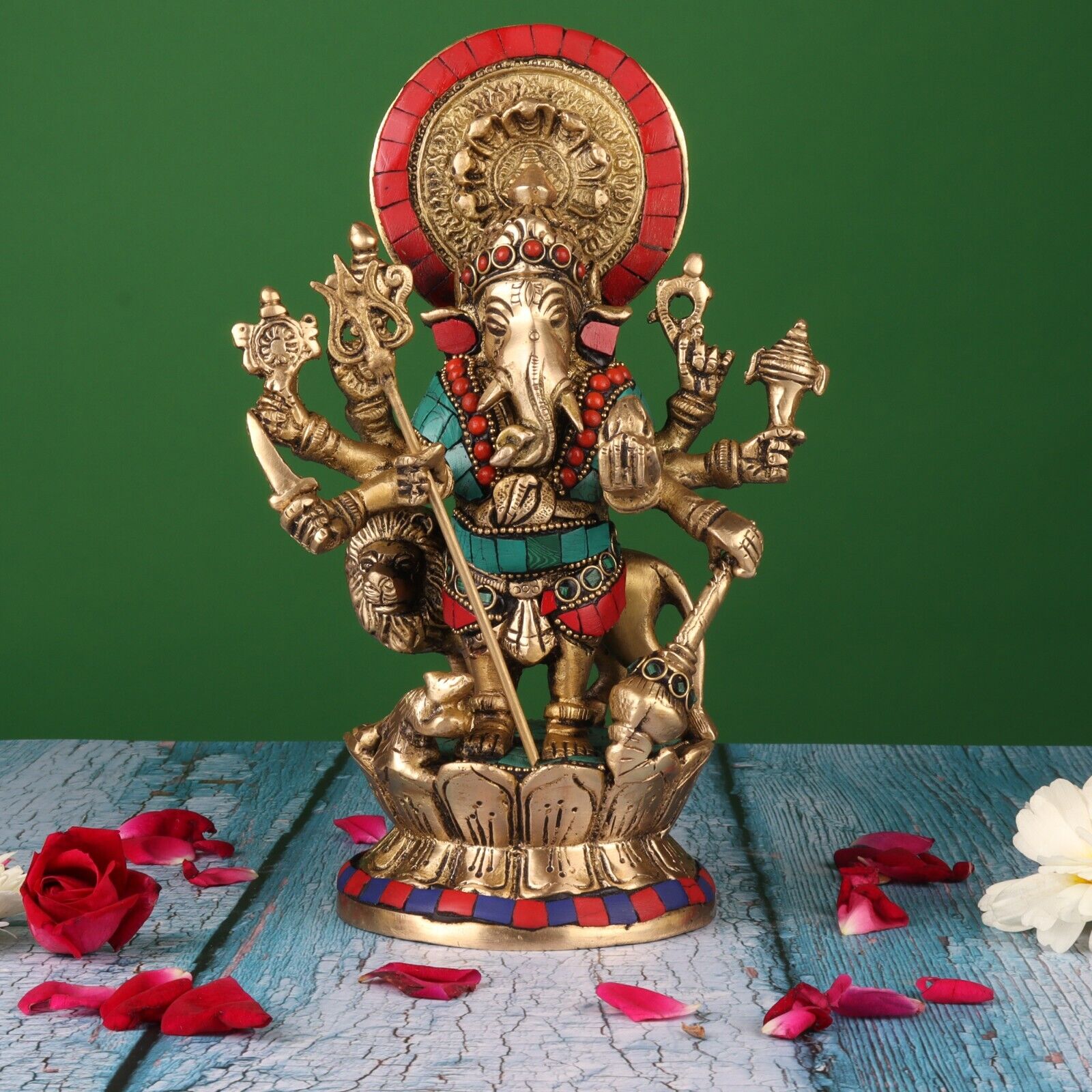 Brass Lord Ganesha Statue Warrior Ganapathy Idol Dhristi Ganesh Figurine Decor 