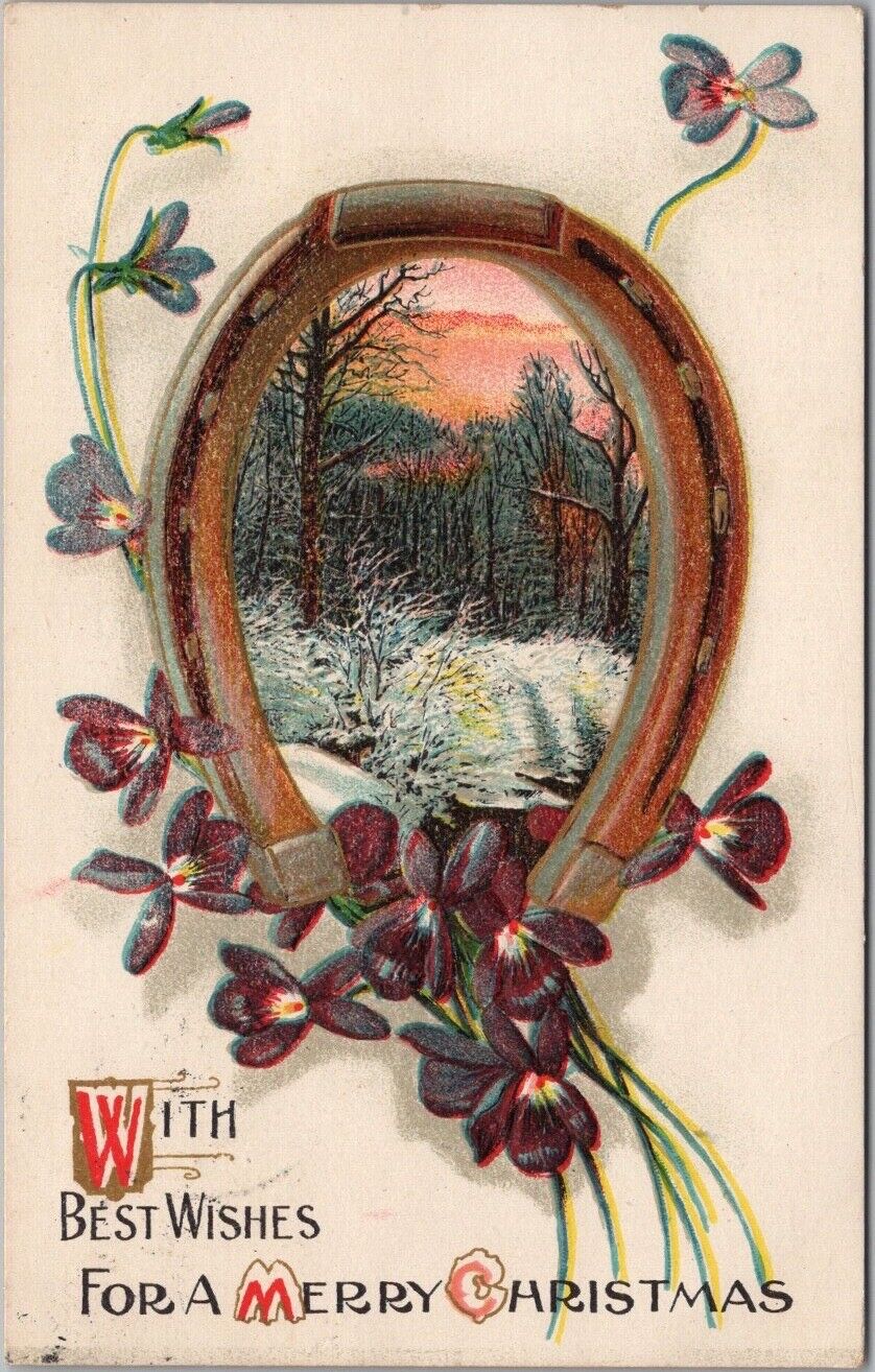 1914 MERRY CHRISTMAS Embossed Postcard Winter Road Scene / Horseshoe Border
