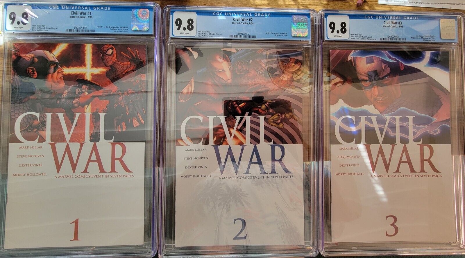 Marvel Civil War 1-7 with 1-3 Slabbed with CGC 9.8, the rest bagged and boarded