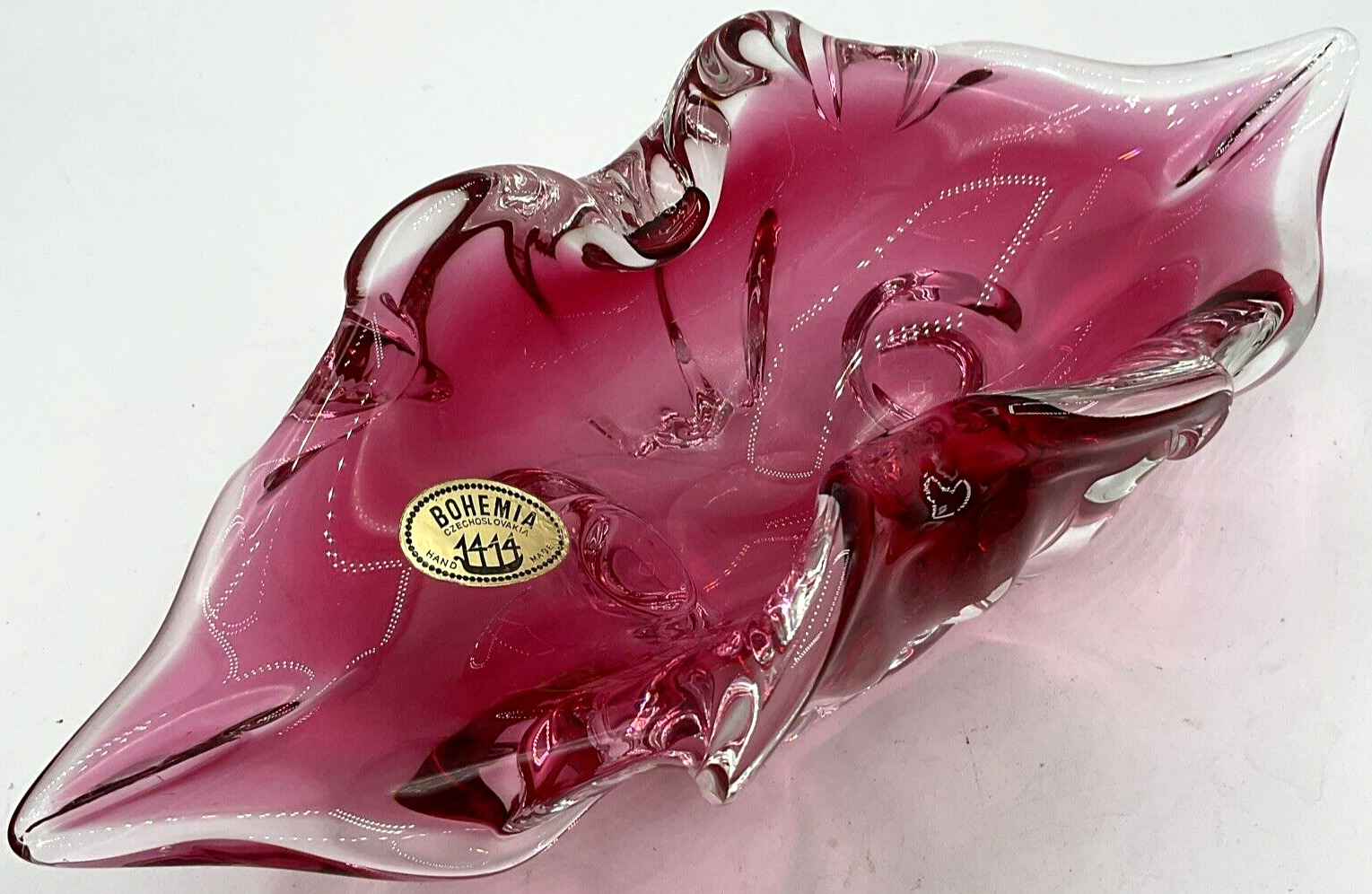 Vintage Pink Hand Made Bohemia Chechoslovakia Art Glass Candy Trinket Dish 