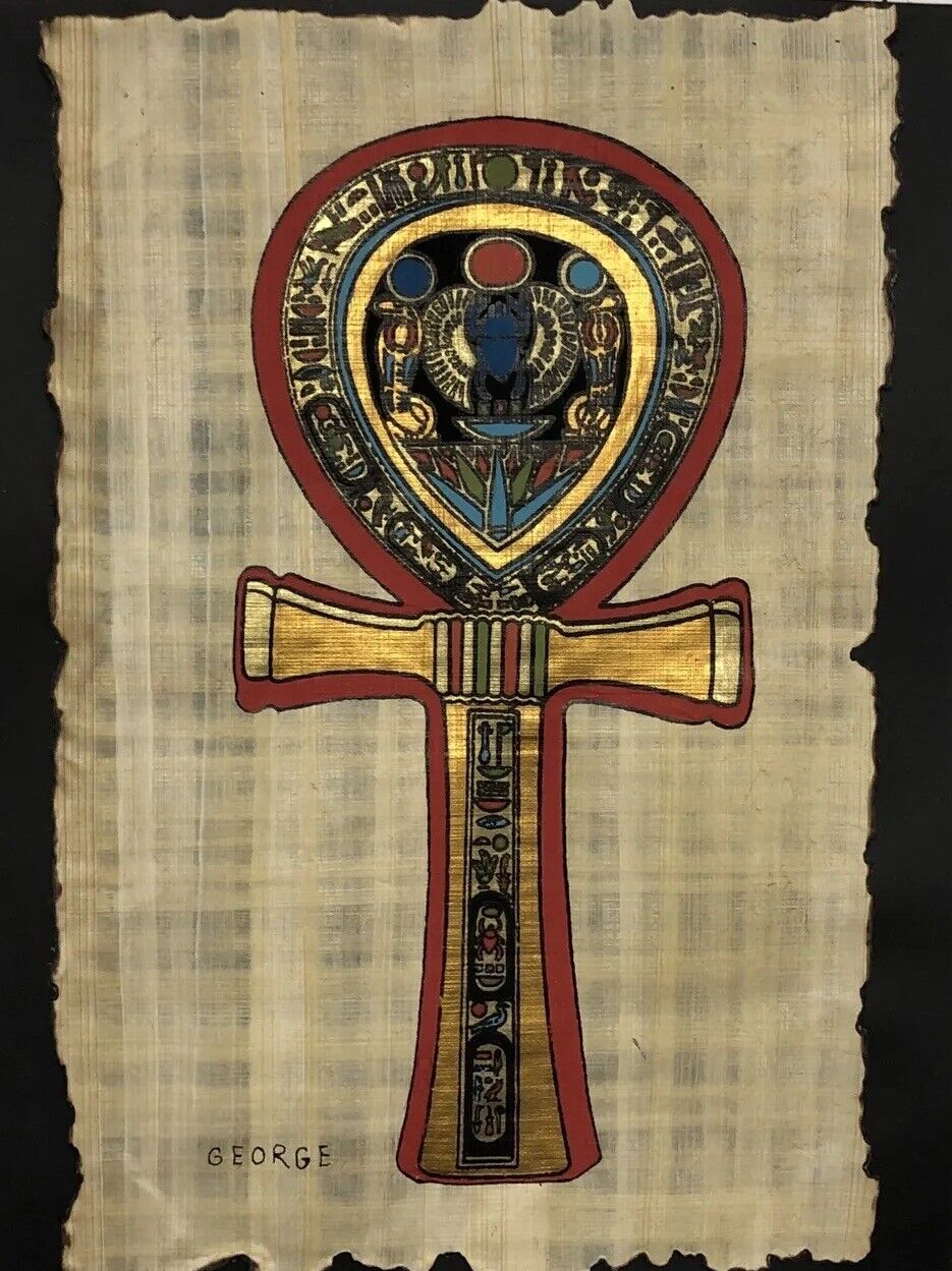 Rare  Authentic Hand Painted Ancient Egyptian Papyrus-Ankh- 9x12 Inch