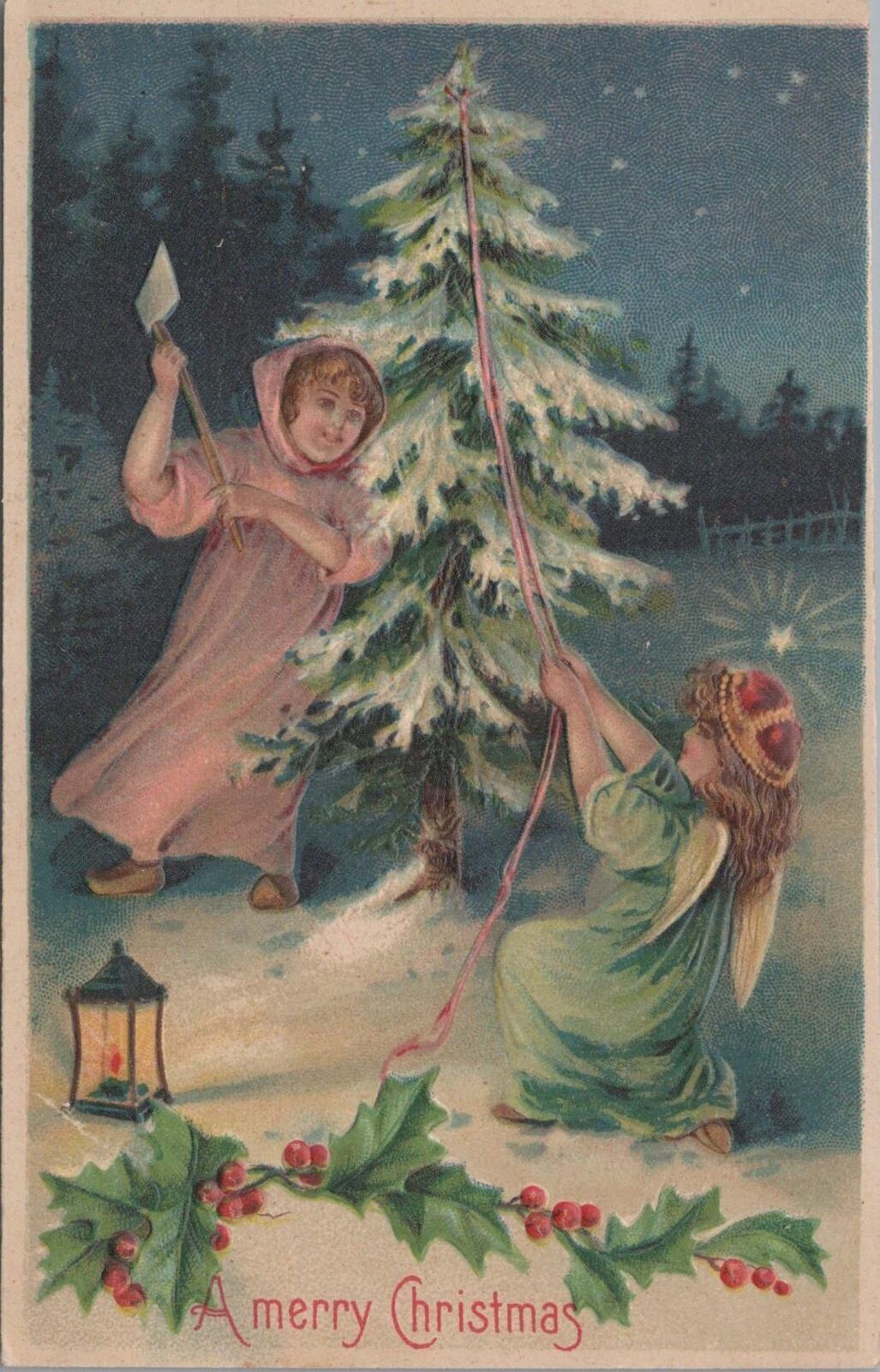 Postcard A Merry Christmas Girls Chopping Down a Christmas Tree 