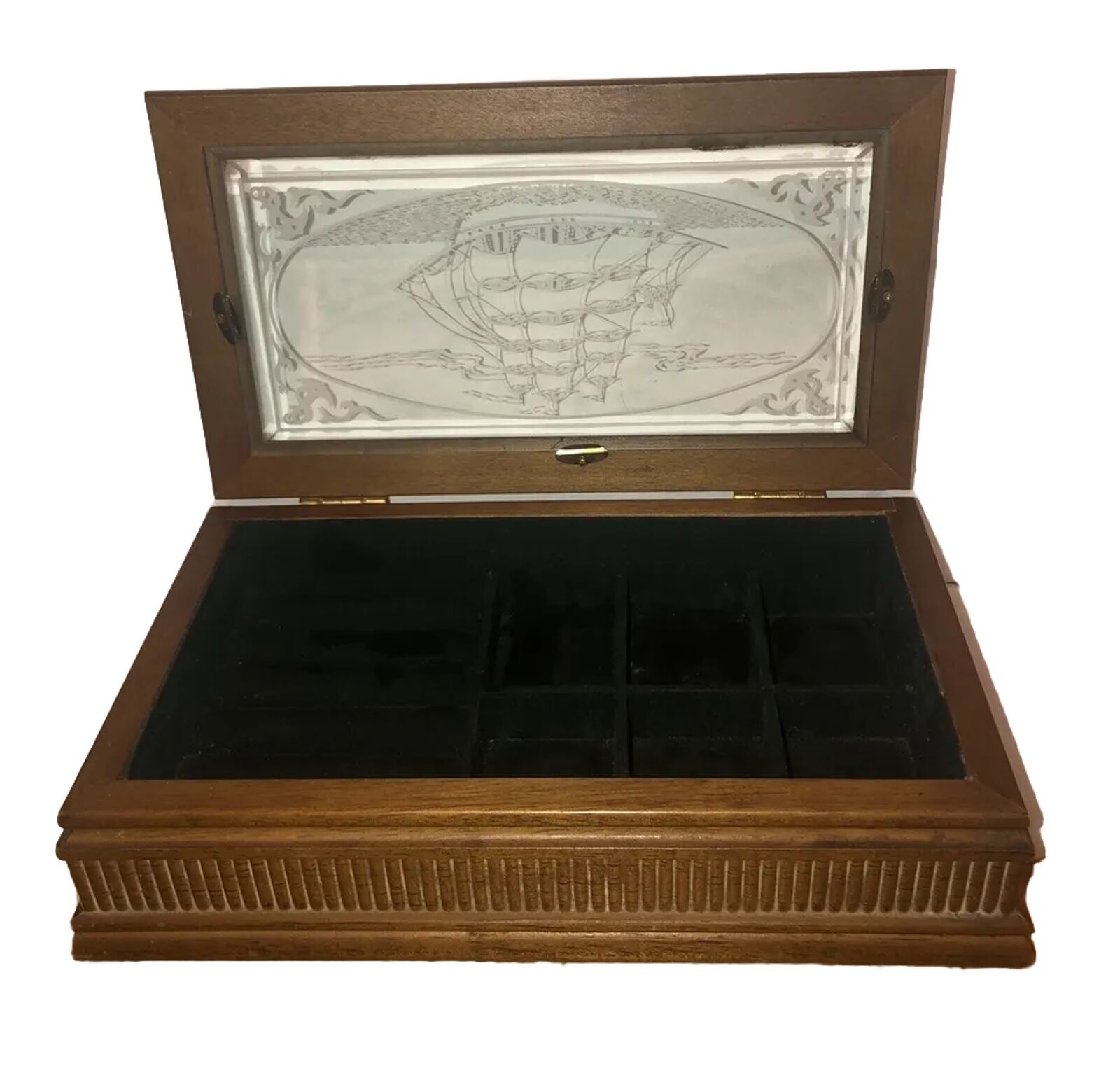 Vintage Wooden Jewelry Box Etched Clipper Ship Glass Wood Box Nautical