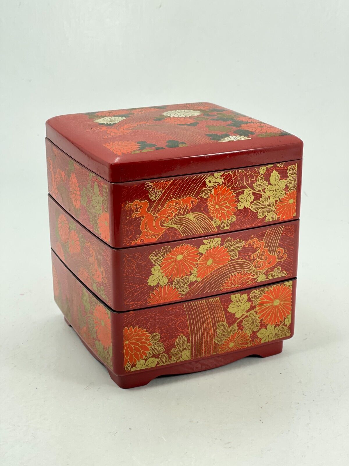 Vintage Japan Yamanaka Stackable Red Jewelry Trinket Coin Box 3 Tier Lidded Red