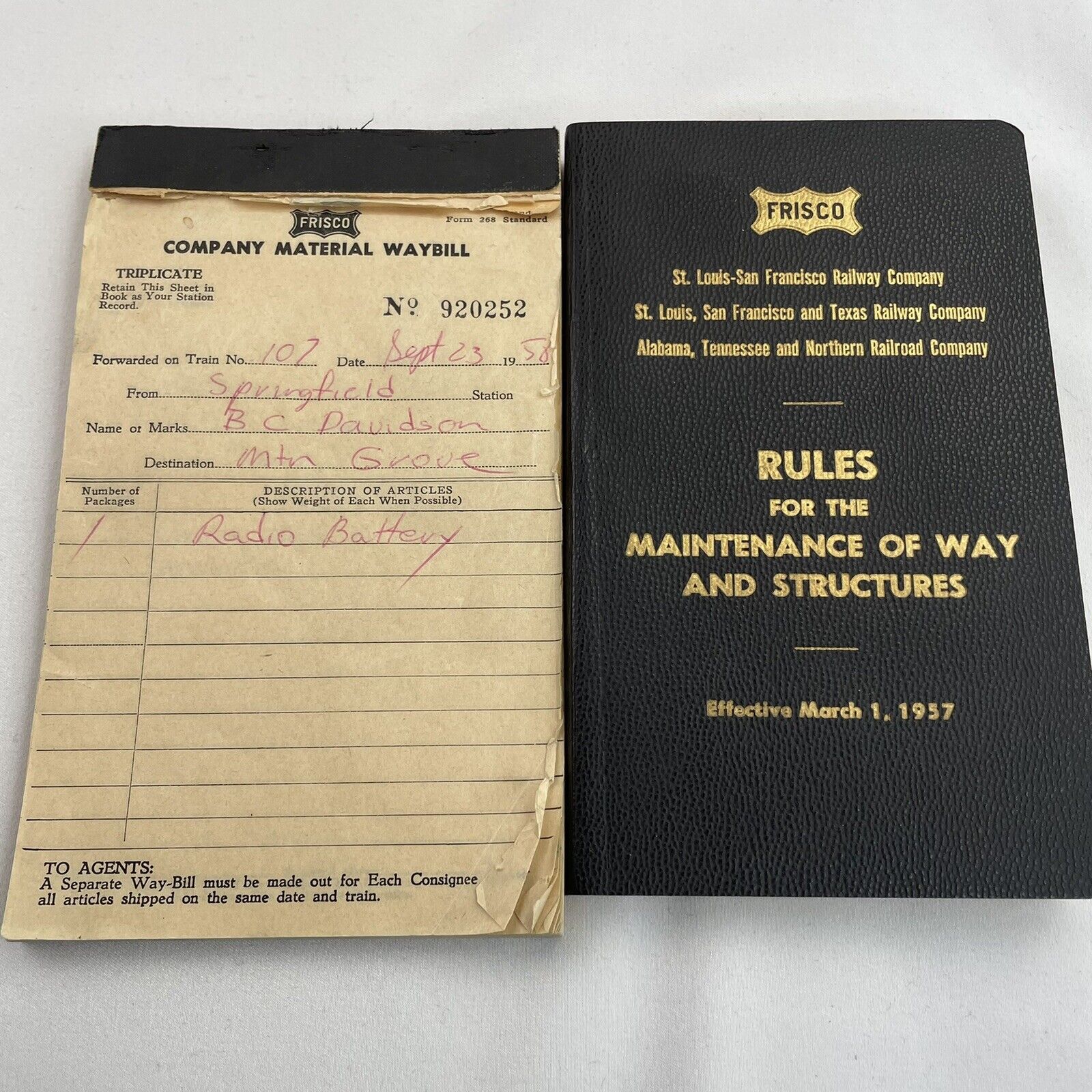 Frisco 1957 Rules and Regulations for Maintenance & Company Material Waybill